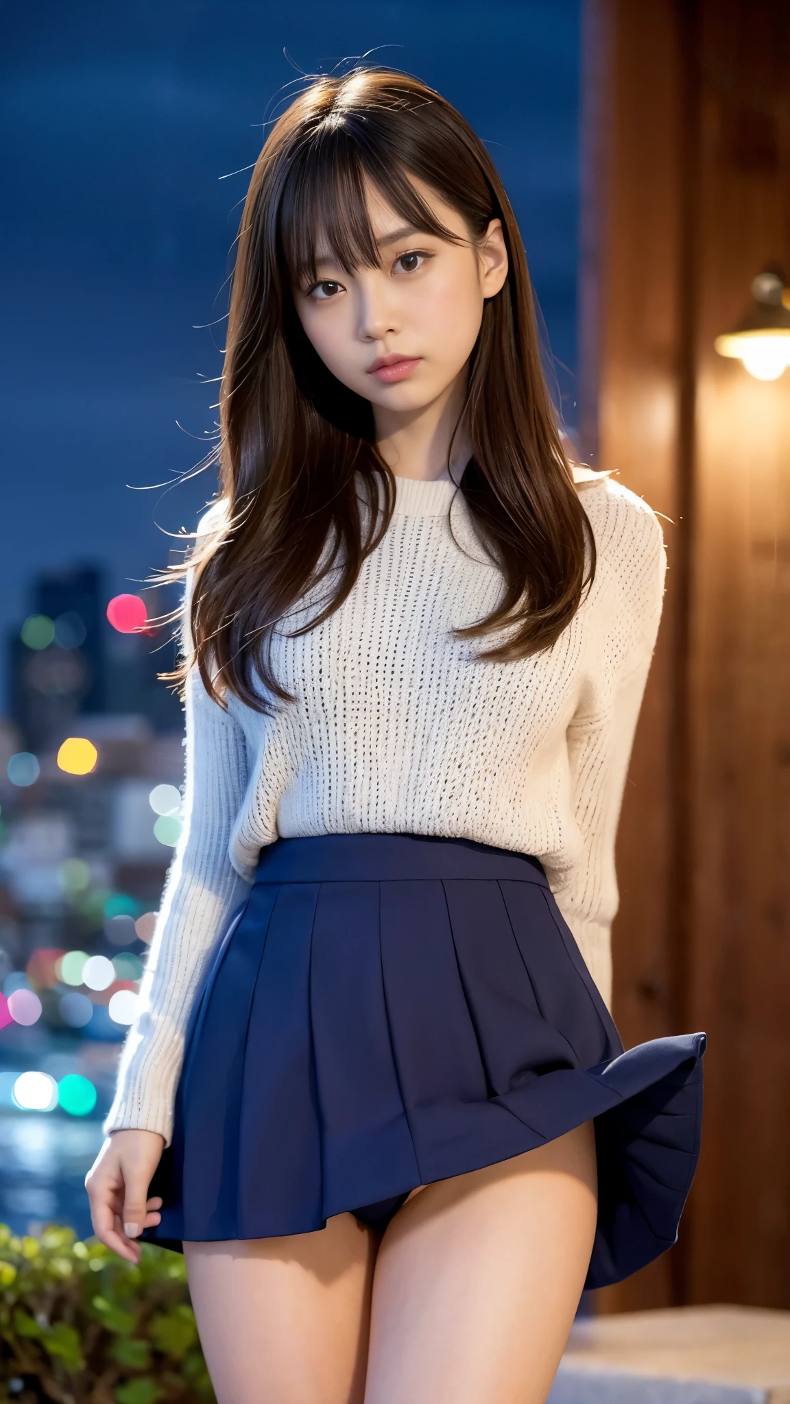 1 girl、(looking at the viewer)、(Bokeh:1.1)、parted lips、No expression、realistic、tights、skirt、skyline、realistic、アップskirt、skirtリフト、highest quality、masterpiece:1.3、超A high resolution、Angle of view from below:1.25 、panties close up:1.35、embarrassed look、The background is a night view、(look viewer:1.3)、(beautiful face:1.2)