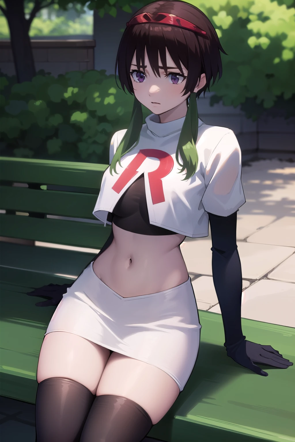 photorealistic, (4k), depth of field, (Masterpiece), (realistic skin texture), extremely detailed, intricate, hyper detailed, professional photography, high resolution, sharp detail, best quality, woman, brown hair, green tips, purple eyes, red headband, feminine pose, outdoors, park bench, light rays, trees, team rocket,team rocket uniform,white skirt,red letter R,crop top,black thigh-highs,black elbow gloves