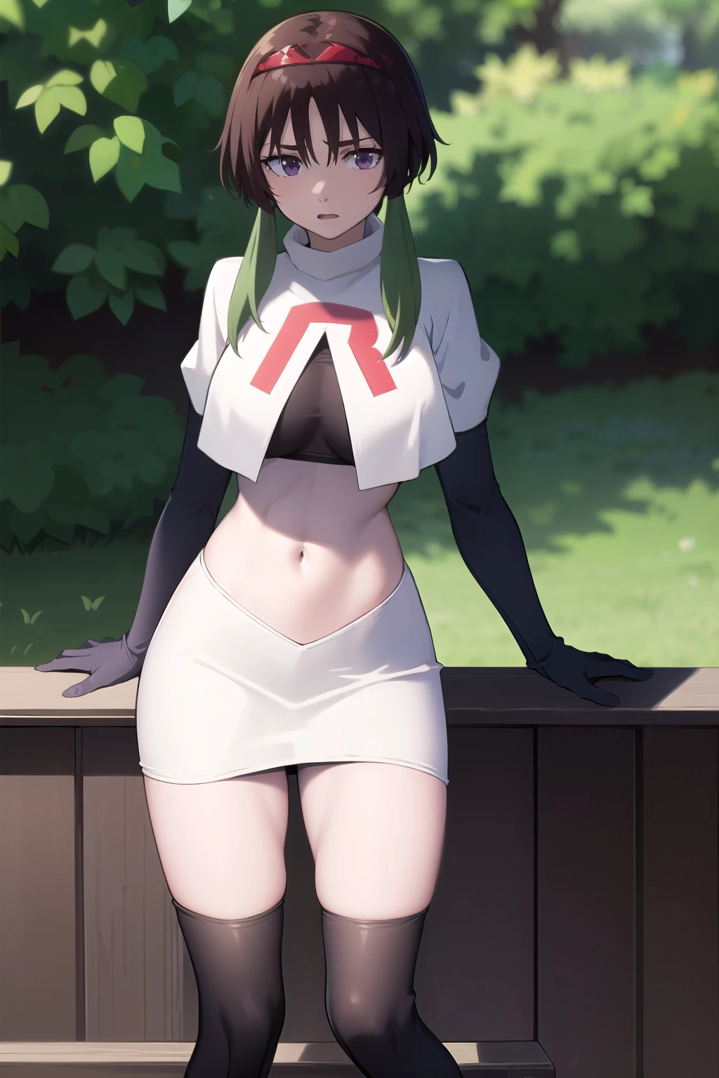 photorealistic, (4k), depth of field, (Masterpiece), (realistic skin texture), extremely detailed, intricate, hyper detailed, professional photography, high resolution, sharp detail, best quality, woman, brown hair, green tips, purple eyes, red headband, feminine pose, outdoors, park bench, light rays, trees, team rocket,team rocket uniform,white skirt,red letter R,crop top,black thigh-highs,black elbow gloves