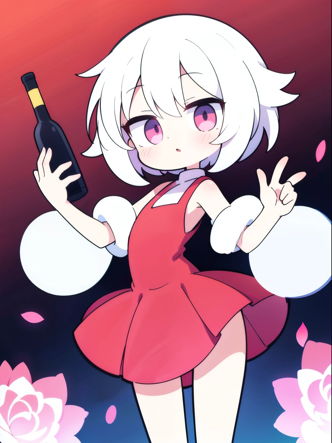 chica femboy con pelo corto blanco ojo derecho color rosado ojo izquierdo color transparente blanco con vestido color rojo vino
