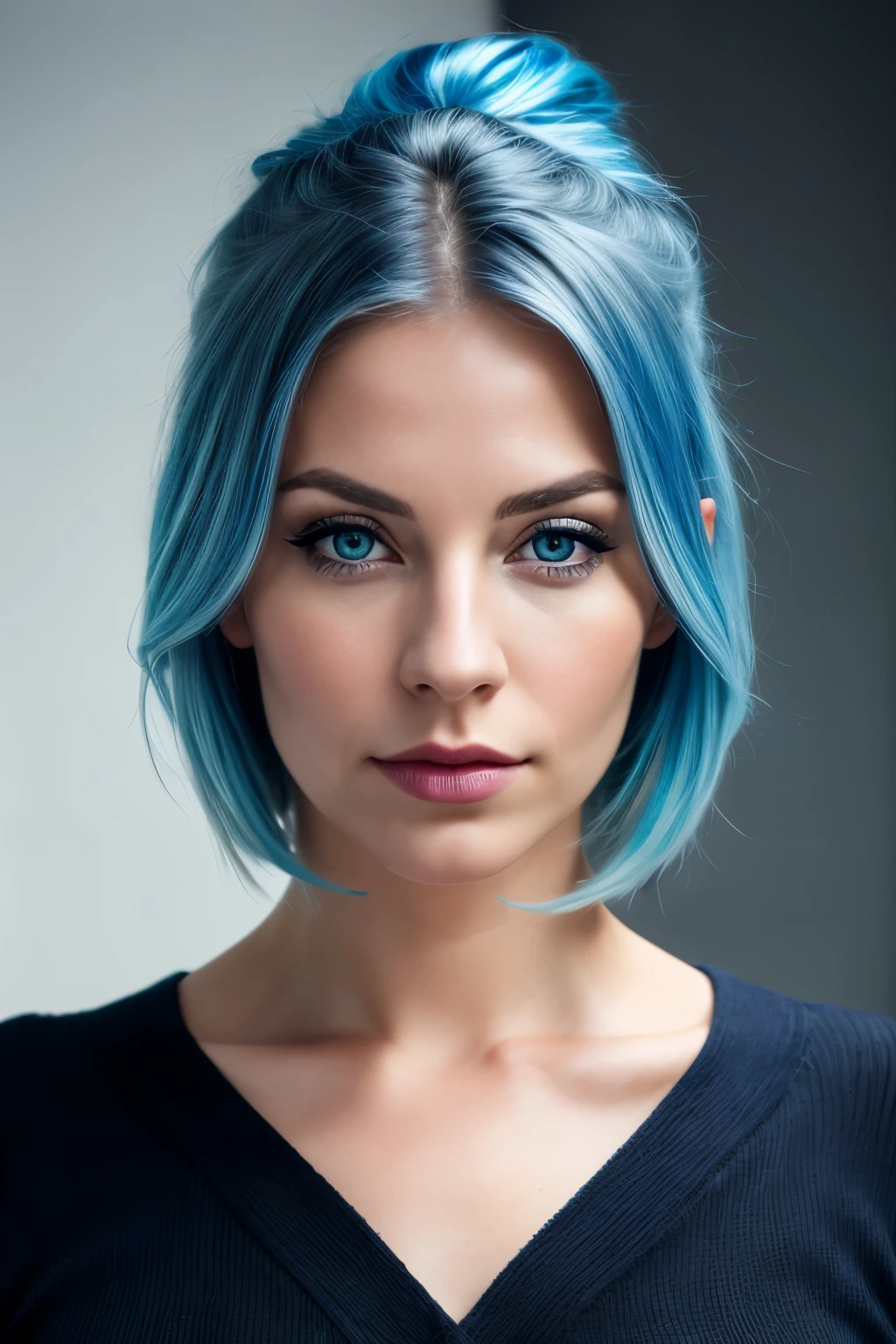 a nordic style women, a front view portrait, a beautiful woman, 35 years old, blue hair, dark eyes, masterpiece, high quality, 8k