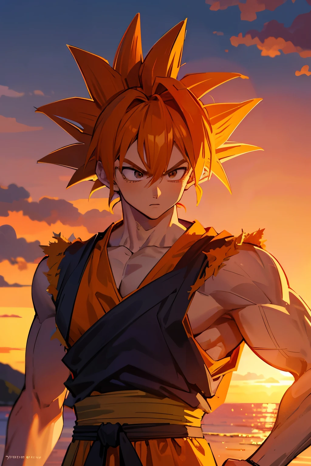 Goku, the legendary hero with spiky orange hair and powerful aura, is depicted in this masterpiece, showcasing the finest quality and intricate details. Sensei Goku, with a serious expression, is captured mid-pose, his muscular physique and detailed clothing textures visible in high-resolution. The background is a serene landscape, with a vibrant sunset casting long, expressive shadows that highlight his form (sensei goku, orange hair, serious expression, mid-pose, muscular physique, detailed clothing textures, vibrant sunset background, long expressive shadows).

(Sensei Goku, Masterpiece, Best quality, details, orange hair