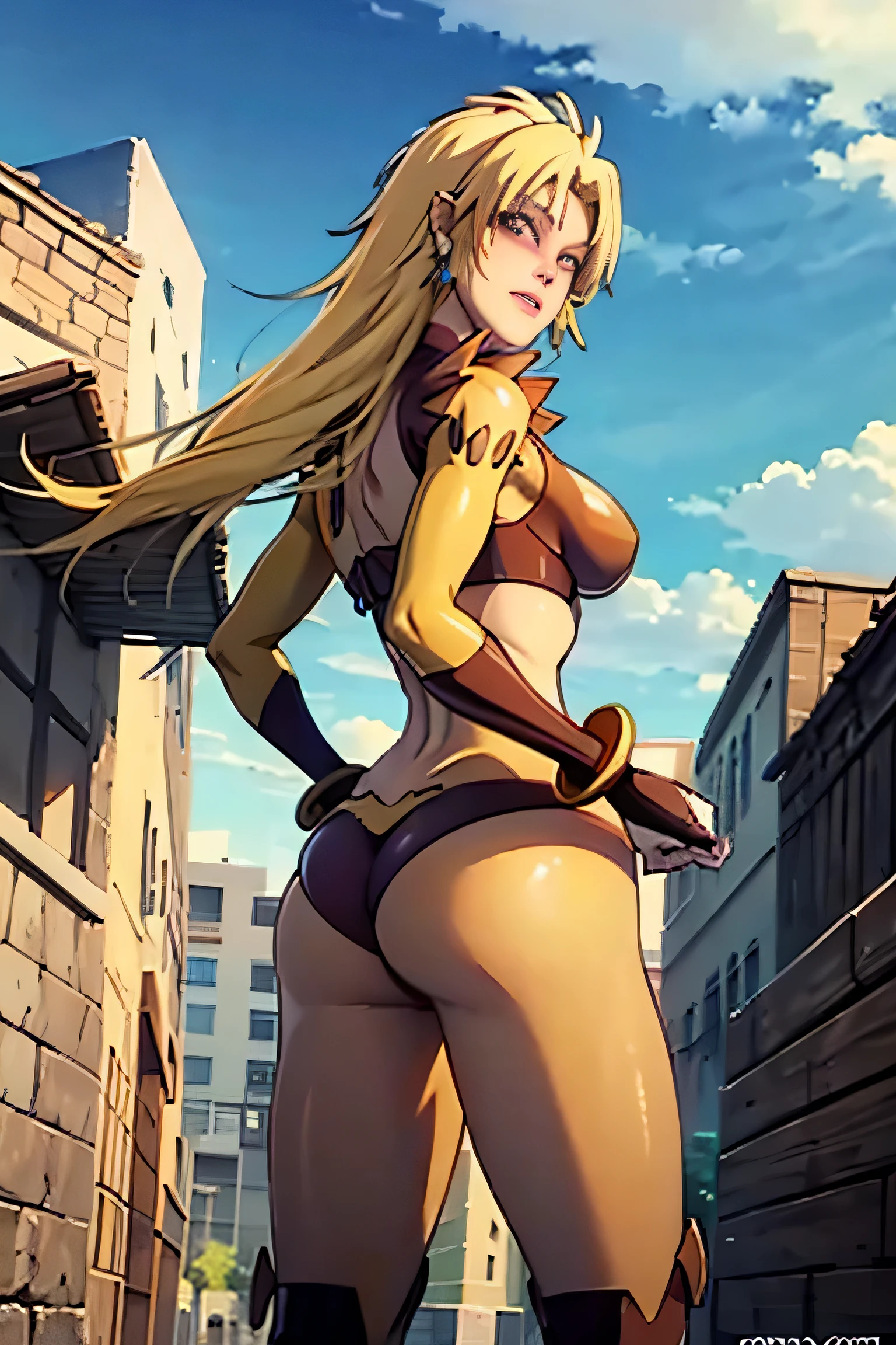 dibujos animados_Cheetara_Thundercats2011_Waifu's own view from behind, camera looking from below pointing at her buttocks, cabellera larga con manchas oscuras, bikini, mirando a la camara, desnuda, there are people in the streets looking at her,