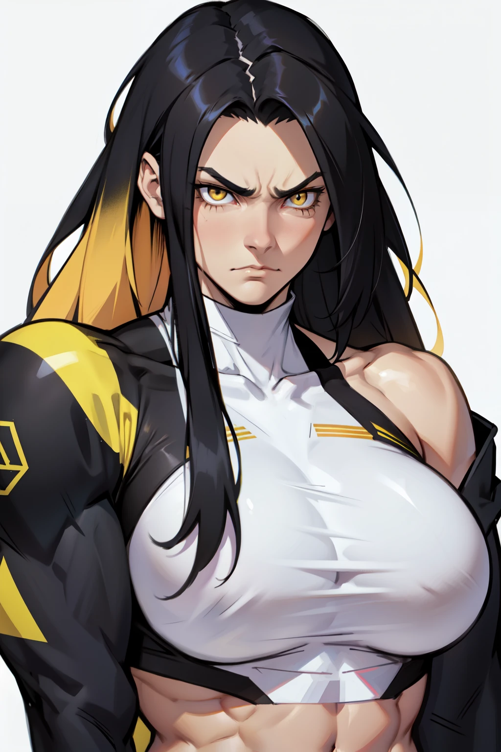 two-toned hair two-toned hair two-toned hair extremely long hair pale skin girl black hair yellow eyes solo ((muscular toned body)) huge breasts sad frown