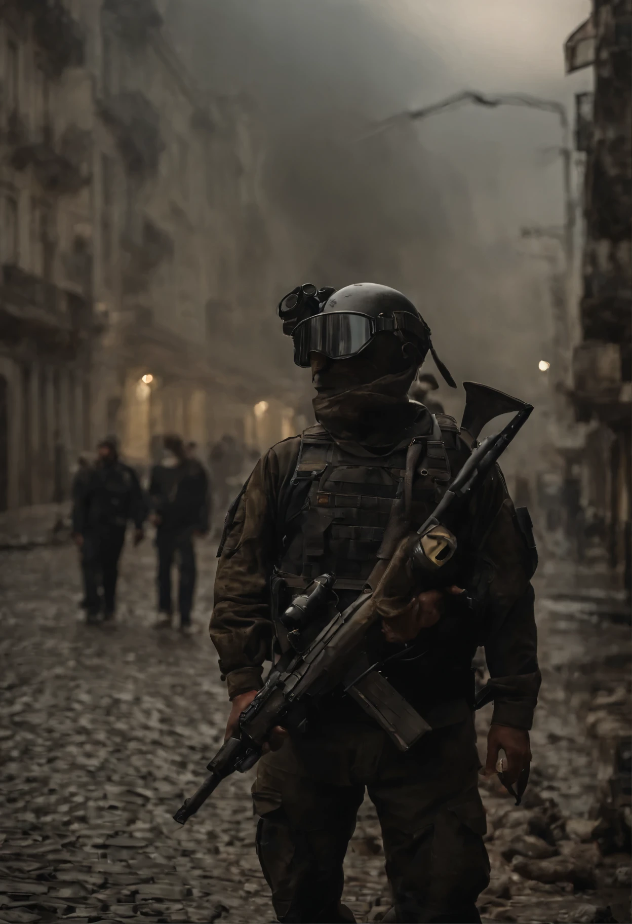 realista, fotorrealista,Obra maestra, Mejor calidad, high resolution, ricos detalles, 8K, Luz y sombra extremas, imagen de una hermosa joven y dos chicos, with tactical equipment, sucio and dusty , con mascaras de gas, caminando por una calle desolada en una ciudad colapsada, despues del Apocalipsis, humo y niebla en el aire, BREAK yellow gray sky covered in toxic clouds, Edificio derrumbado, calle rota, cuerpo alto, ojo detallado, cold face, sucio, (despues del Apocalipsis theme), un lazo con letras doradas "SVG"