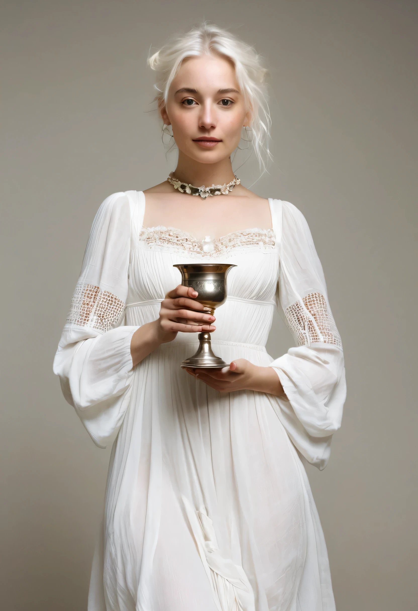 pale, femme de 30 ans aux cheveux blancs, avec six bras chacun tenant une tasse antique. Elle flotte dans les airs, les jambes tendues et croisées, a long, vaporous white dress open on her pierced chest'a hole through which we see'espace