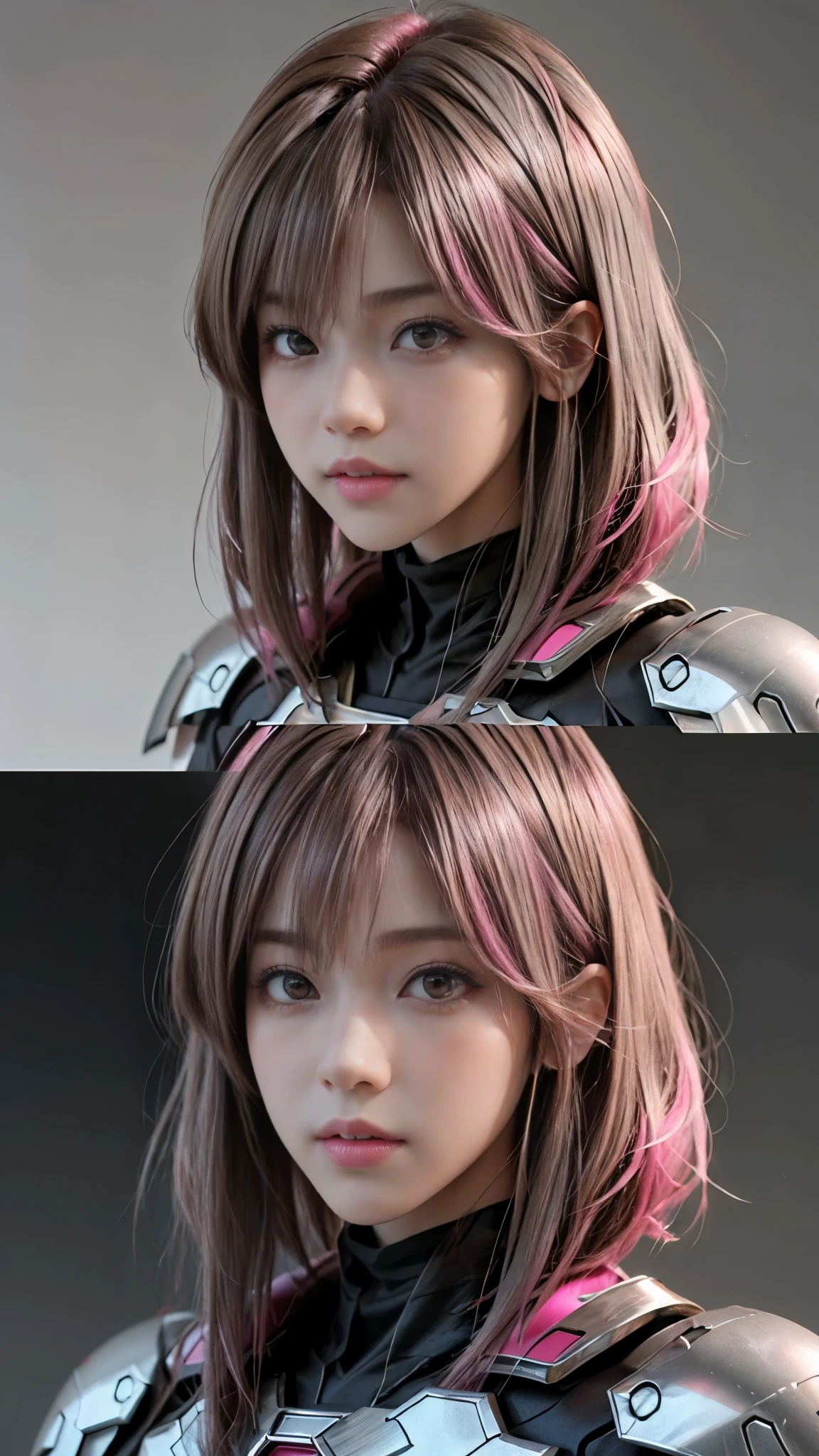 Photo of two realistic black Sazabi girls,Shortcut Bob Cut,I have a lot of hair,brown eyes,Hair color is bright pink,cool look,background is gray,16 year old daughter of Haman Khan and Char Aznable.