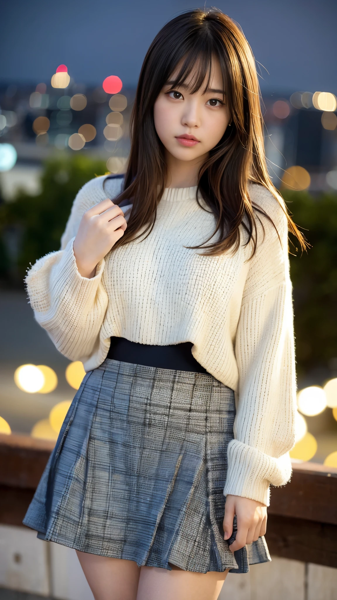 1 girl、(looking at the viewer)、(Bokeh:1.1)、parted lips、No expression、realistic、tights、skirt、skyline、realistic、アップskirt、skirtリフト、highest quality、masterpiece:1.3、超A high resolution、Angle of view from below:1.25 、panties close up:1.35、embarrassed look、The background is a night view、(look viewer:1.3)、(beautiful face:1.2)