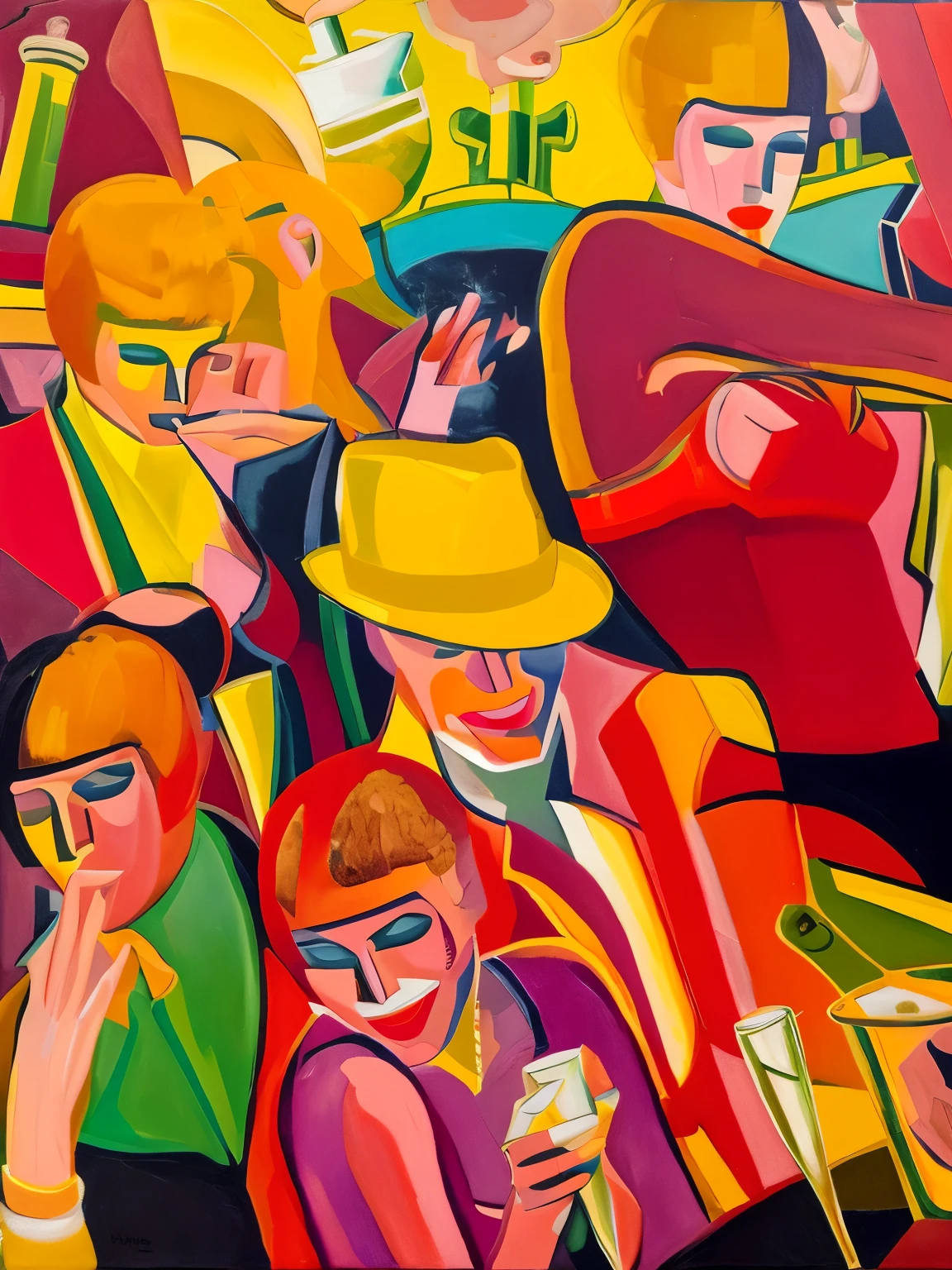painting of a group of people in a bar with drinks, by Jean Metzinger, by Dahlov Ipcar, art deco painting, inspired by Tamara Lempicka, cubists love it, inspired by Dahlov Ipcar, inspired by Tamara de Lempicka, by Christian Jane Fergusson, by Andre Lhote, by Ramon Pichot