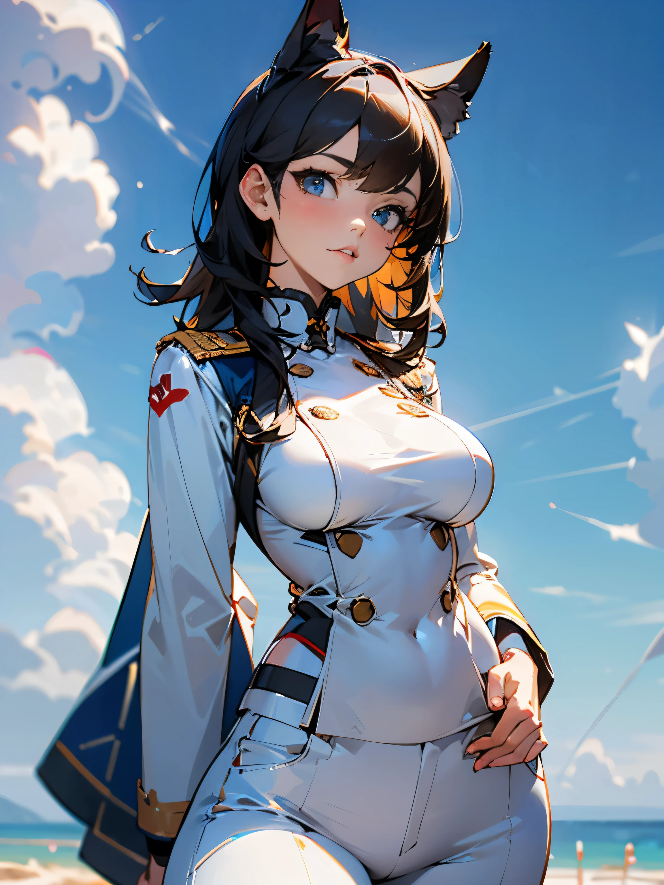 (masterpiece, best quality, RAW photo, intricate details) portrait, head and shoulders, 1girl / Atago / medium dark hair, blues eyes, cat ears, large breasts, curvaceous body, (wearing admirals uniform, wearing white trousers), seaport background, blue sky, Azur lane, catgirl, admiralty, medals, academy, military, marine