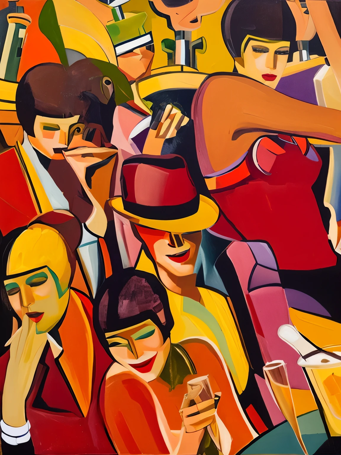 painting of a group of people in a bar with drinks, by Jean Metzinger, by Dahlov Ipcar, art deco painting, inspired by Tamara Lempicka, cubists love it, inspired by Dahlov Ipcar, inspired by Tamara de Lempicka, by Christian Jane Fergusson, by Andre Lhote, by Ramon Pichot