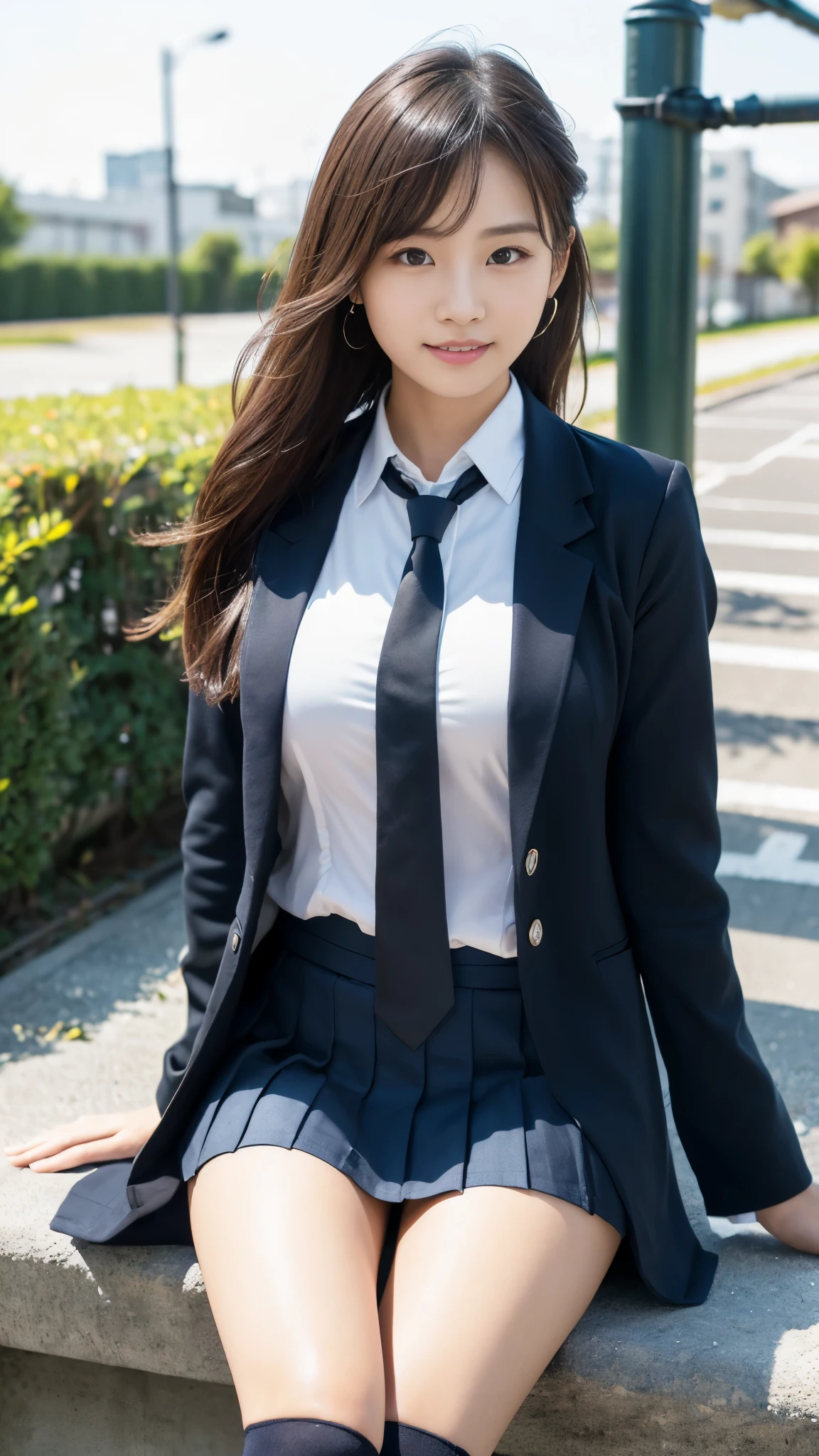 mix 4, (16k, Raw photo, best image quality, masterpiece: 1.45), (realistic, Photoreal: 1.37), tall girl, cute, cityscape,, professional lighting, photon mapping, school classroom, Physically based rendering, dark brown hair,ponytail hairstyle, well-groomed and beautiful eyes、((double eyelid))、super cute girl, (((school uniform、blazer、Long-sleeved shirts worn by Japanese high school girls、ribbon tie、dark blue mini skirt,、dark blue socks、black loafers))), highest quality photos, High resolution, 1080p, (clear face), (Detailed facial description), (detailed description of handasterpiece), (Detailed CG)、extreme light and shadow、messy hair、master work、Rich details、(detailed facial features)、(highest quality photoasseter muscle part)、(detailed eye)、look in front of you、thin clavicle、((slender and big))、(((Japanese female students wear jackets and long-sleeved shirts)))、((neat idol))、((school gate、schoolyard、With the school building in the background))、(Take photos from random viewpoints)、(((cute like an idol)))、earrings、big smile、Draw the whole body from the knees、Do not draw fine lines、(((Sports bags used by Japanese female students)))、(Big big breasts with big drooping:1.2)、big firm butt、two arms、two legs、(((from the front:0.7)))、bare hands、(((symmetrical eyes)))、standing pose、please put your hands on the desk、Do not remove the tie from the jacket、raise your butt:1.5,Raw sex:1.5,
