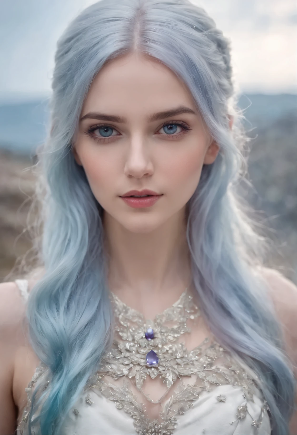A beautiful young woman (1 girl) about 20 years old. powerful look. Imposing appearance. Long light blue hair, straight hair, ((messy)) hair, ((hair bangs)). hair blowing in the air. Ice Cristals a light emerging for her right hand. ((big perfect purple eyes)). Delicate lips, delicate nose. Delicate face. warrior clothes. Turquoise corselet and purple tide pants. Leather boots. Greek templo ruins background at night, with a starry sky. Multicolor aura around her.