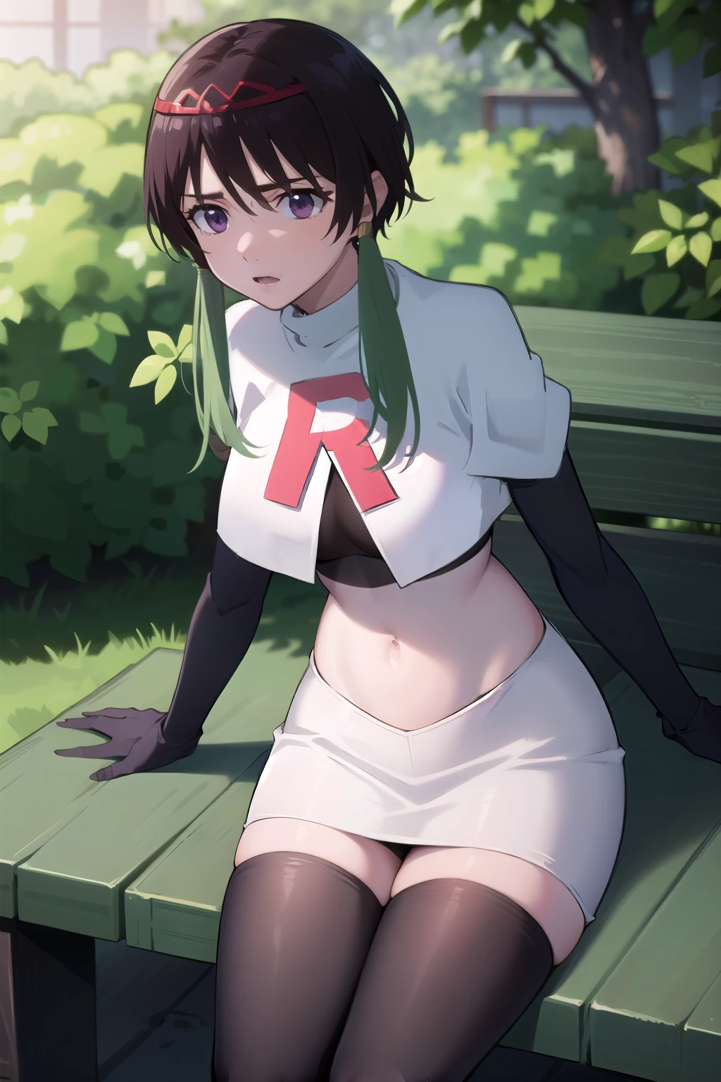 photorealistic, (4k), depth of field, (Masterpiece), (realistic skin texture), extremely detailed, intricate, hyper detailed, professional photography, high resolution, sharp detail, best quality, woman, brown hair, green tips, purple eyes, red headband, feminine pose, outdoors, park bench, light rays, trees, team rocket,team rocket uniform,white skirt,red letter R,crop top,black thigh-highs,black elbow gloves