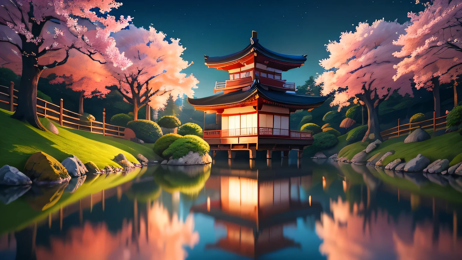 (pintura realista),(melhor qualidade), serene japanese garden, cherry blossoms in full bloom, lagoa de carpas, passarela, pagoda, estilo de arte Ukiyo-e, Hokusai Inspiration, Deviant Art popular, 8k ultra-realista, esquema de cores pastel, soft lighting, Hora dourada, atmosfera tranquila, landscape orientation
