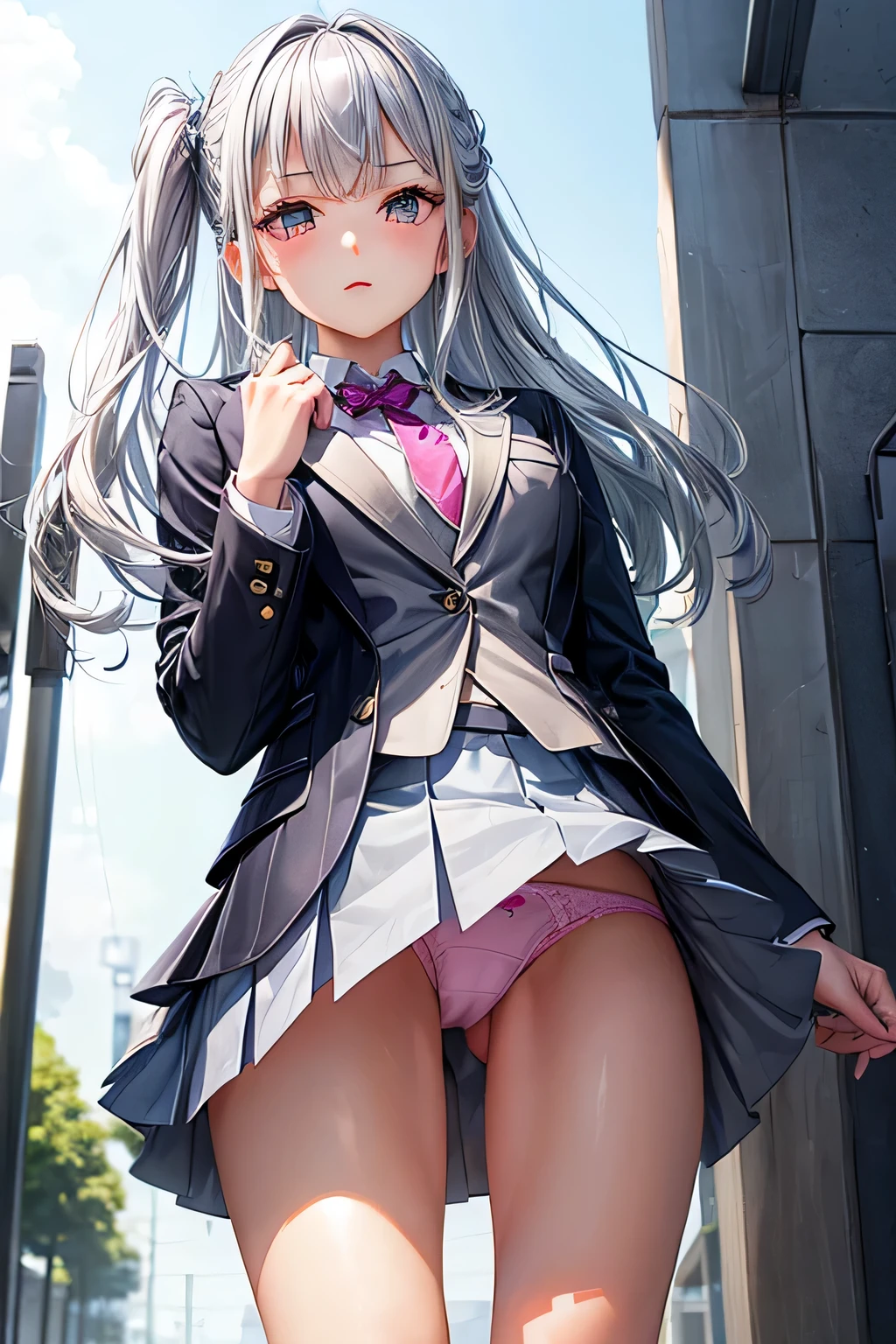 (((panty shot)))、mini skirt blazer、Beautiful Girl Magician、silver hair upstyle、((whole body))、(((photo taken from below)))、school gate