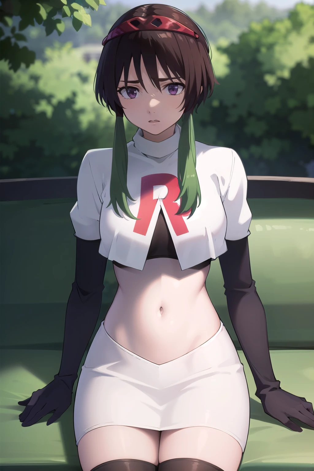 photorealistic, (4k), depth of field, (Masterpiece), (realistic skin texture), extremely detailed, intricate, hyper detailed, professional photography, high resolution, sharp detail, best quality, woman, brown hair, green tips, purple eyes, red headband, feminine pose, outdoors, park bench, light rays, trees, team rocket,team rocket uniform,white skirt,red letter R,crop top,black thigh-highs,black elbow gloves