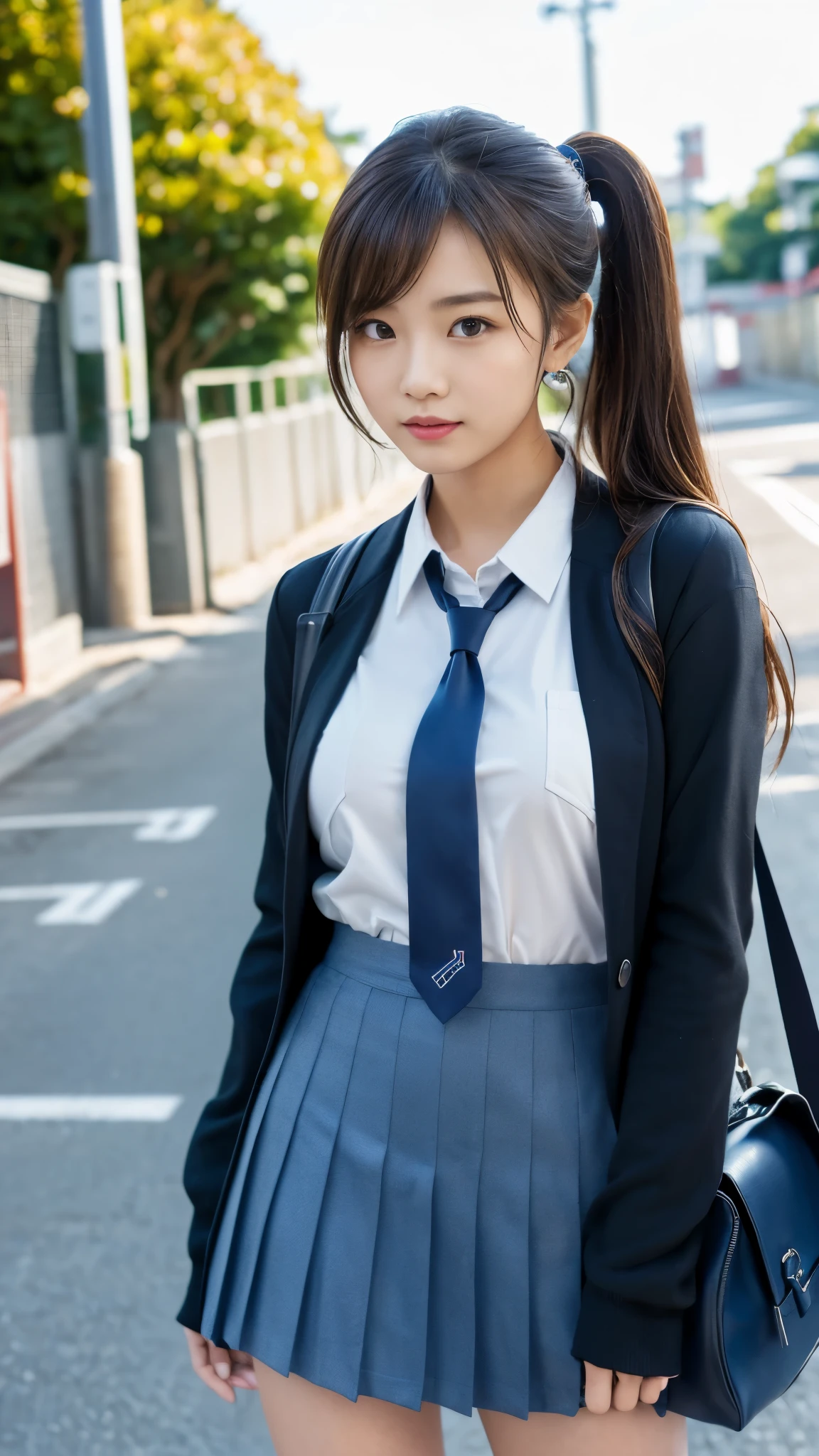 mix 4, (16k, Raw photo, best image quality, masterpiece: 1.45), (realistic, Photoreal: 1.37), tall girl, cute, cityscape,, professional lighting, photon mapping, school classroom, Physically based rendering, dark brown hair,ponytail hairstyle, well-groomed and beautiful eyes、((double eyelid))、super cute girl, (((school uniform、blazer、Long-sleeved shirts worn by Japanese high school girls、ribbon tie、dark blue mini skirt,、dark blue socks、black loafers))), highest quality photos, High resolution, 1080p, (clear face), (Detailed facial description), (detailed description of handasterpiece), (Detailed CG)、extreme light and shadow、messy hair、master work、Rich details、(detailed facial features)、(highest quality photoasseter muscle part)、(detailed eye)、look in front of you、thin clavicle、((slender and big))、(((Japanese female students wear jackets and long-sleeved shirts)))、((neat idol))、((school gate、schoolyard、With the school building in the background))、(Take photos from random viewpoints)、(((cute like an idol)))、earrings、big smile、Draw the whole body from the knees、Do not draw fine lines、(((Sports bags used by Japanese female students)))、(Big big breasts with big drooping:1.2)、big firm butt、two arms、two legs、(((from the front:0.7)))、bare hands、(((symmetrical eyes)))、standing pose、please put your hands on the desk、Do not remove the tie from the jacket、raise your butt:1.5,Raw sex:1.5,