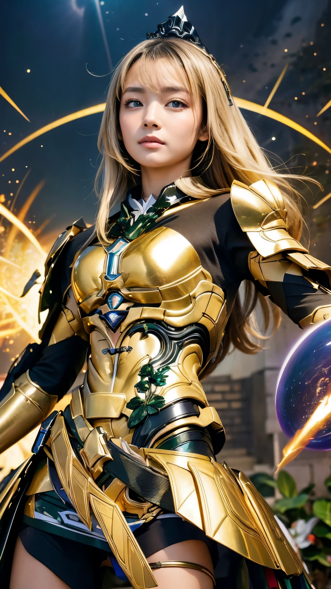 masterpiece,highest quality,ultra high resolution),japanese woman, very beautiful girl, Naïve girl、perfect limbs、perfect anatomy、radiant beautiful skin、Moist eyes、brown shiny hair、Colors and landscapes of youth、Premonition of Love Green and Gold Uniform、 metallic Green armor, high quality costumes, brass armor coat, masterpiece衣装, Green armor, Avan Uniform, gilded black uniform, gold armor suit, quality commander, combat uniform, Embroidered uniform guard, gold obsidian armor, smooth gold armor