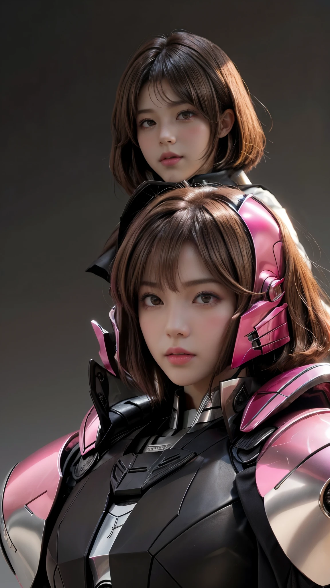 Photo of two realistic black Sazabi girls，Shortcut Bob Cut，I have a lot of hair，brown eyes，Hair color is bright pink，cool look，background is gray，16 year old daughter of Haman Khan and Char Aznable.