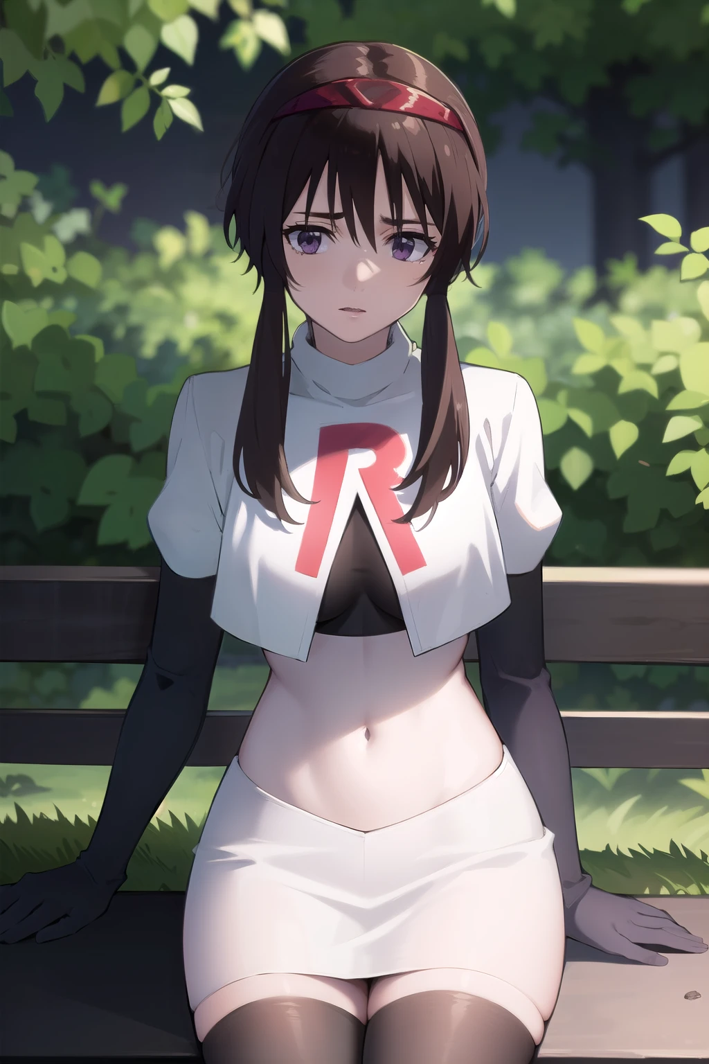 photorealistic, (4k), depth of field, (Masterpiece), (realistic skin texture), extremely detailed, intricate, hyper detailed, professional photography, high resolution, sharp detail, best quality, woman, brown hair, green tips, purple eyes, red headband, feminine pose, outdoors, park bench, light rays, trees, team rocket,team rocket uniform,white skirt,red letter R,crop top,black thigh-highs,black elbow gloves