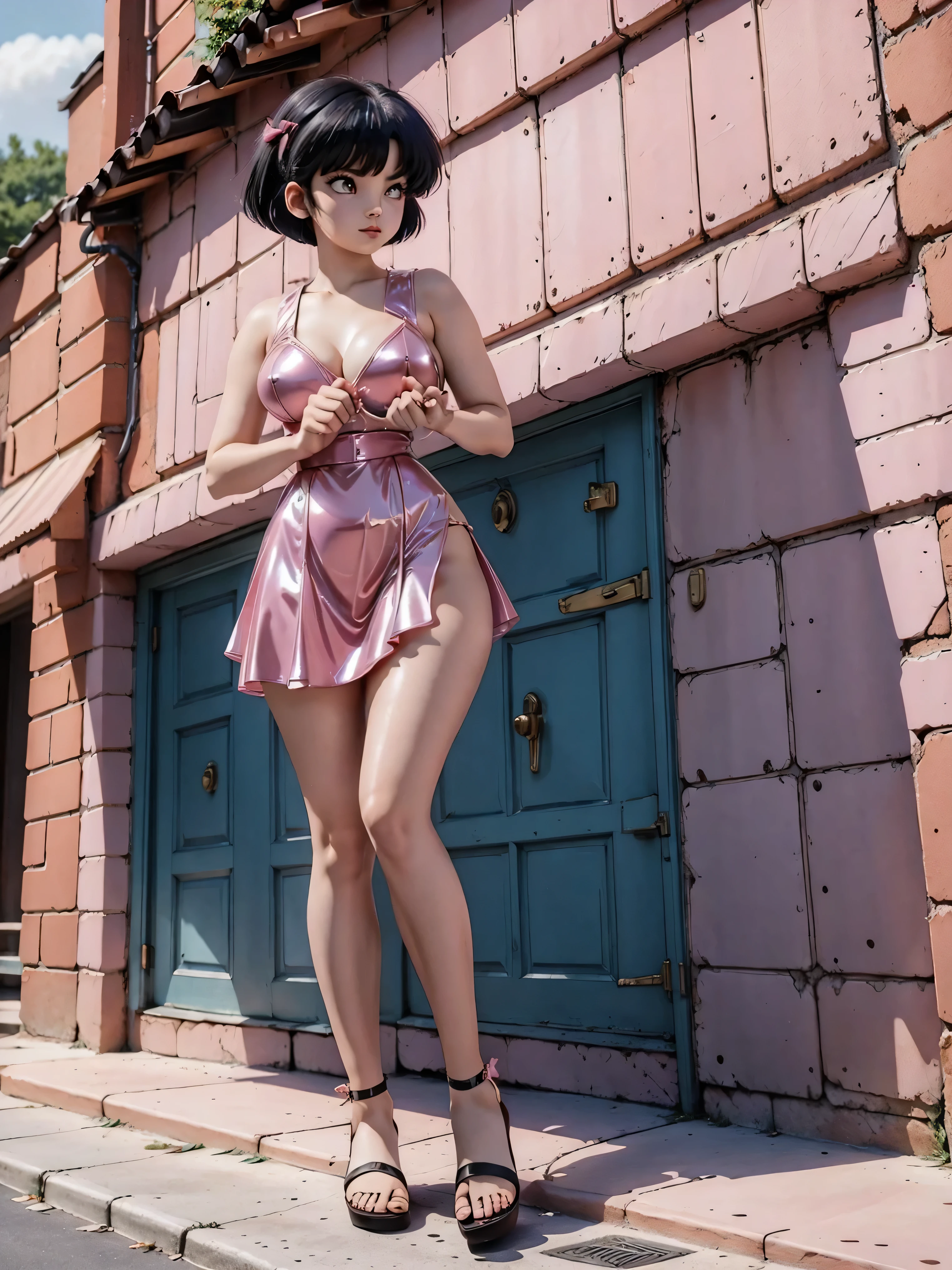 Anime girl with dark cabelo azulado in latex DRESS PINK and latex corset, , Corpo bonito, Seios Grandes, hands on her waist, hands in her hair, garota sexy, cabelo azulado, side locks of hair with pink bow, highlights hair with bow, beautiful lighting, sombras suaves, olhos castanhos, pernas bonitas tonificadas, cabelo curto, estilo anime, hand on the waist, hand in hair, character Akane Tendo, Autor Rumiko Takahashi, Baseado em uma obra de Rumiko Takahashi, Anime Ranma 1 /2, decote sexy, lindos quadris, Corpo todo, Corpo todo, young woman with Corpo bonito, sandals nos pés, de 16 anosng PINK latex DRESS and latex corset, anime, estilo anime, lindos pés em sandals, ao ar livre ao ar livre, Seios Grandes, Seios lindos, cabelo preto, sandals nos pés, lindas pernas, sexy, sandals, Seios Grandes, Corpo todo, Corpo todo