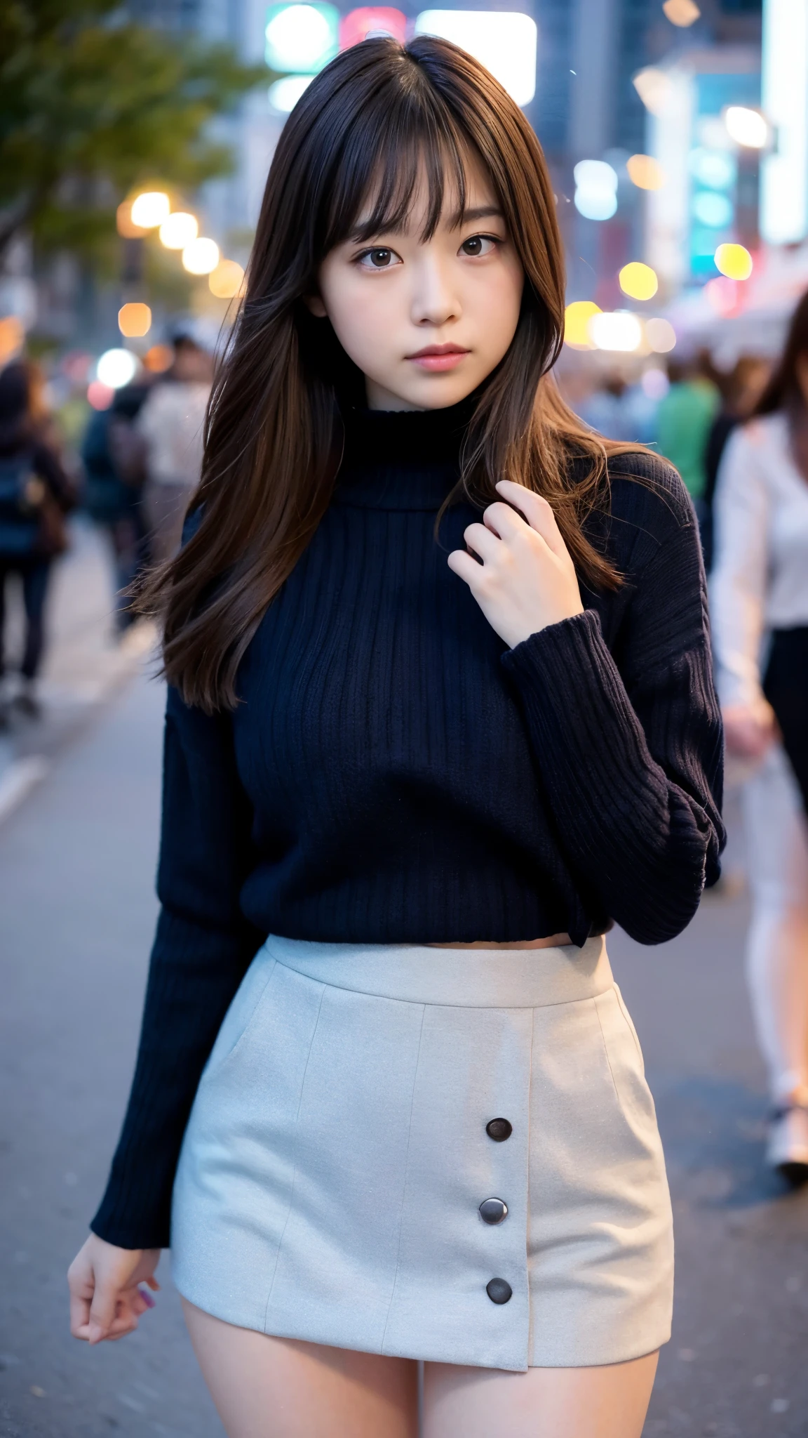 1 girl、(looking at the viewer)、(Bokeh:1.1)、parted lips、No expression、realistic、tights、skirt、skyline、realistic、アップskirt、skirtリフト、highest quality、masterpiece:1.3、超A high resolution、Angle of view from below:1.25 、panties close up:1.35、embarrassed look、The background is a night view、(look viewer:1.3)、(beautiful face:1.2)