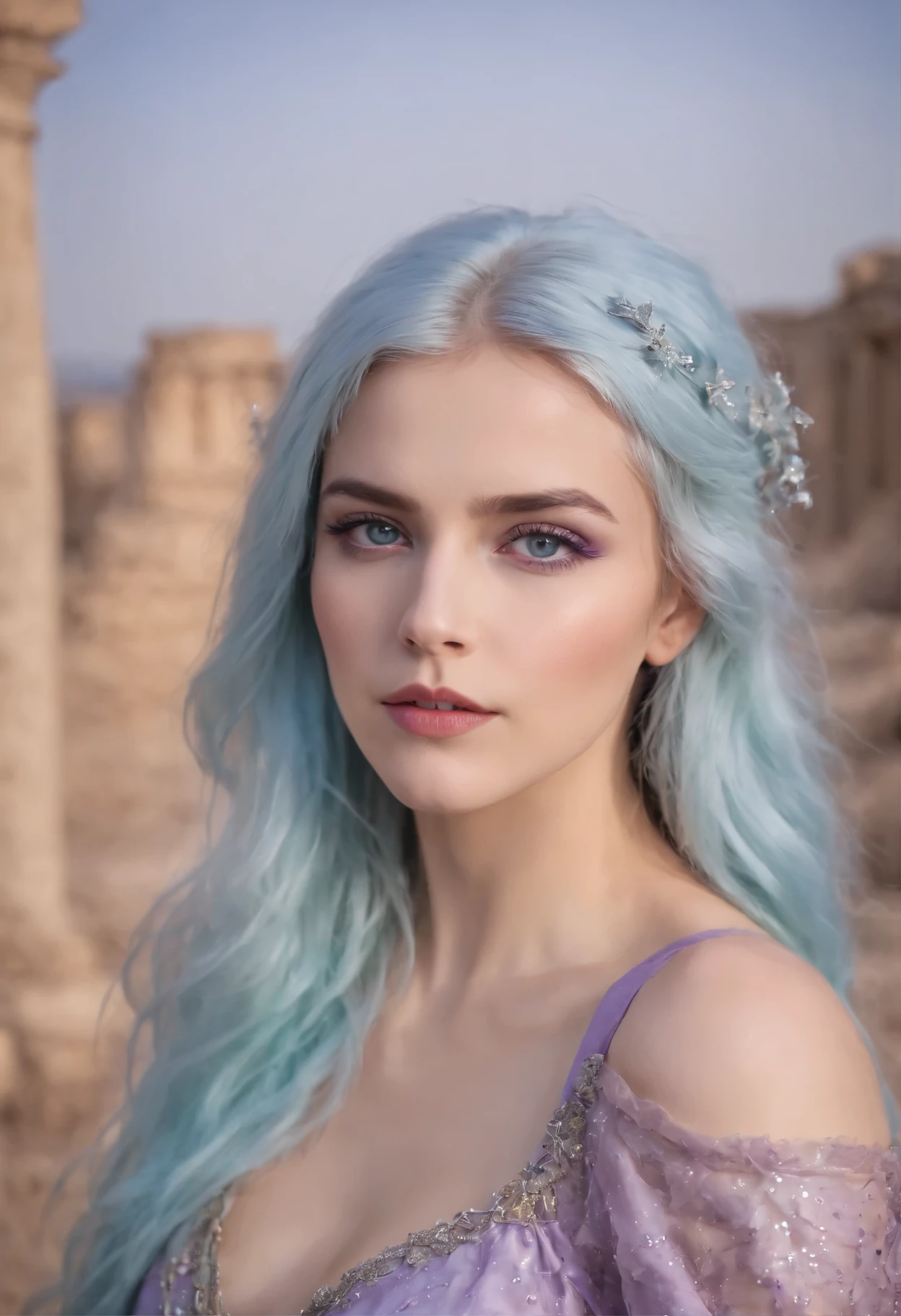 A beautiful young woman (1 girl) about 20 years old. powerful look. Imposing appearance. Long light blue hair, straight hair, ((messy)) hair, ((hair bangs)). (Bangs). hair blowing in the air. Ice Cristals a light emerging for her right hand. ((big purple eyes)). Delicate lips, delicate nose. Delicate face. warrior clothes. Turquoise corselet and purple tide pants. Leather boots. Greek temples ruins background at night, with a starry sky. Multicolor aura around her.