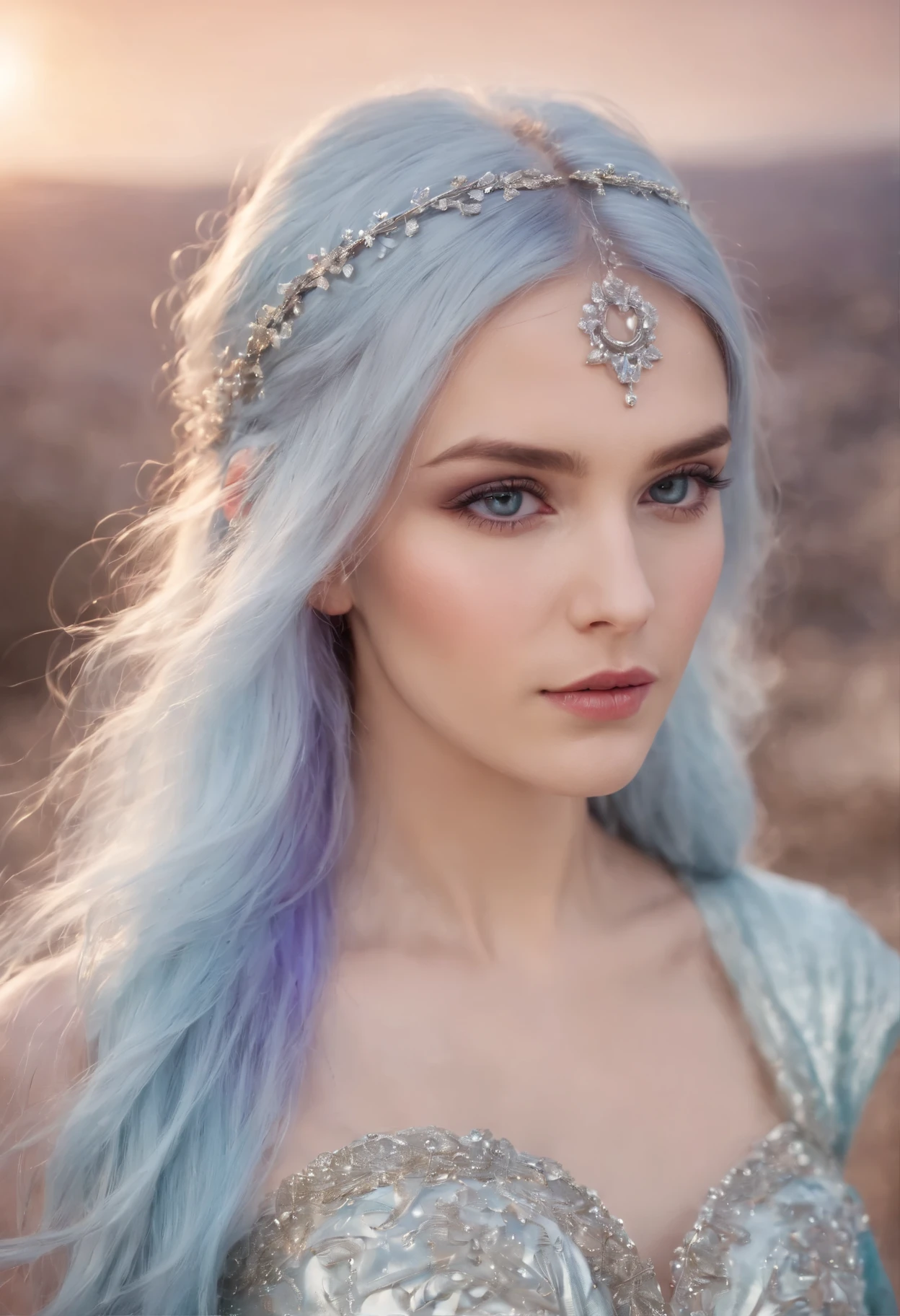 A beautiful young woman (1 girl) about 20 years old. powerful look. Imposing appearance. Long light blue hair, straight hair, ((messy)) hair, ((hair bangs)). (Bangs). hair blowing in the air. Ice Cristals a light emerging for her right hand. ((big purple eyes)). Delicate lips, delicate nose. Delicate face. warrior clothes. Turquoise corselet and purple tide pants. Leather boots. Greek temples ruins background at night, with a starry sky. Multicolor aura around her.