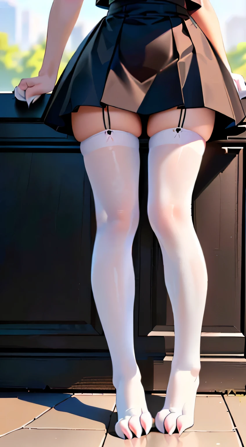 there is a woman in a skirt and white stockings standing on a floor, detailed legs looming over you, detailed legs towering over you, detailed legs, detailed shot legs-up, thighs close up, close-up on legs, normal legs, knees tucked in, legs visible, massive legs towering over you, thighs!!!, large thighs, thighs Girl with animal legs and arms, cat's paws, nekomata, ((neko, animal ear, cat paws)), Real cat feet, legs that transition seamlessly into cat feet, firm cat feet, ((gentle transition between human, feet and cat feet)), Sexy cat girl's rear cat feet, cat girl, neko, nekomata, 1girl, (fov on paws), glasses, choker, ahegao, drool, (open mouth, maw, cum in maw, cum in mouth, sperm), (detailed background, depth of field, full body shadow, sunlight, ambient light on the body), ( intricate:0.9), (high detail:1.1), (sharp focus:1.15), [explicit content, questionable content], (masterpiece, best quality, 4k, 2k, shaded)