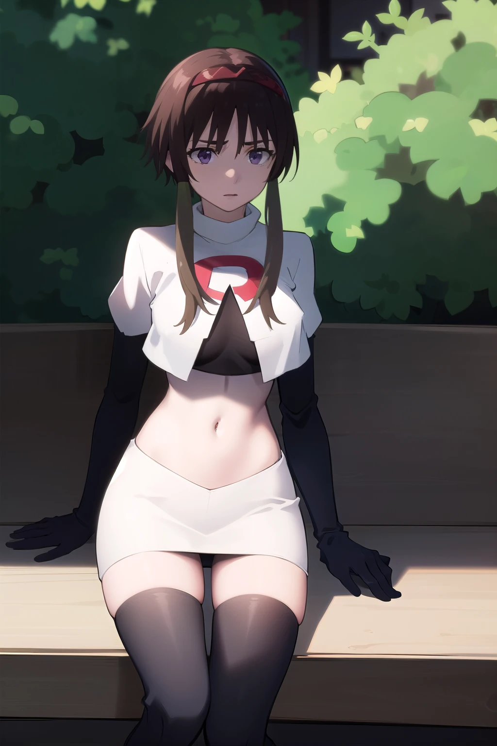photorealistic, (4k), depth of field, (Masterpiece), (realistic skin texture), extremely detailed, intricate, hyper detailed, professional photography, high resolution, sharp detail, best quality, woman, brown hair, green tips, purple eyes, red headband, feminine pose, outdoors, park bench, light rays, trees, team rocket,team rocket uniform,white skirt,red letter R,crop top,black thigh-highs,black elbow gloves