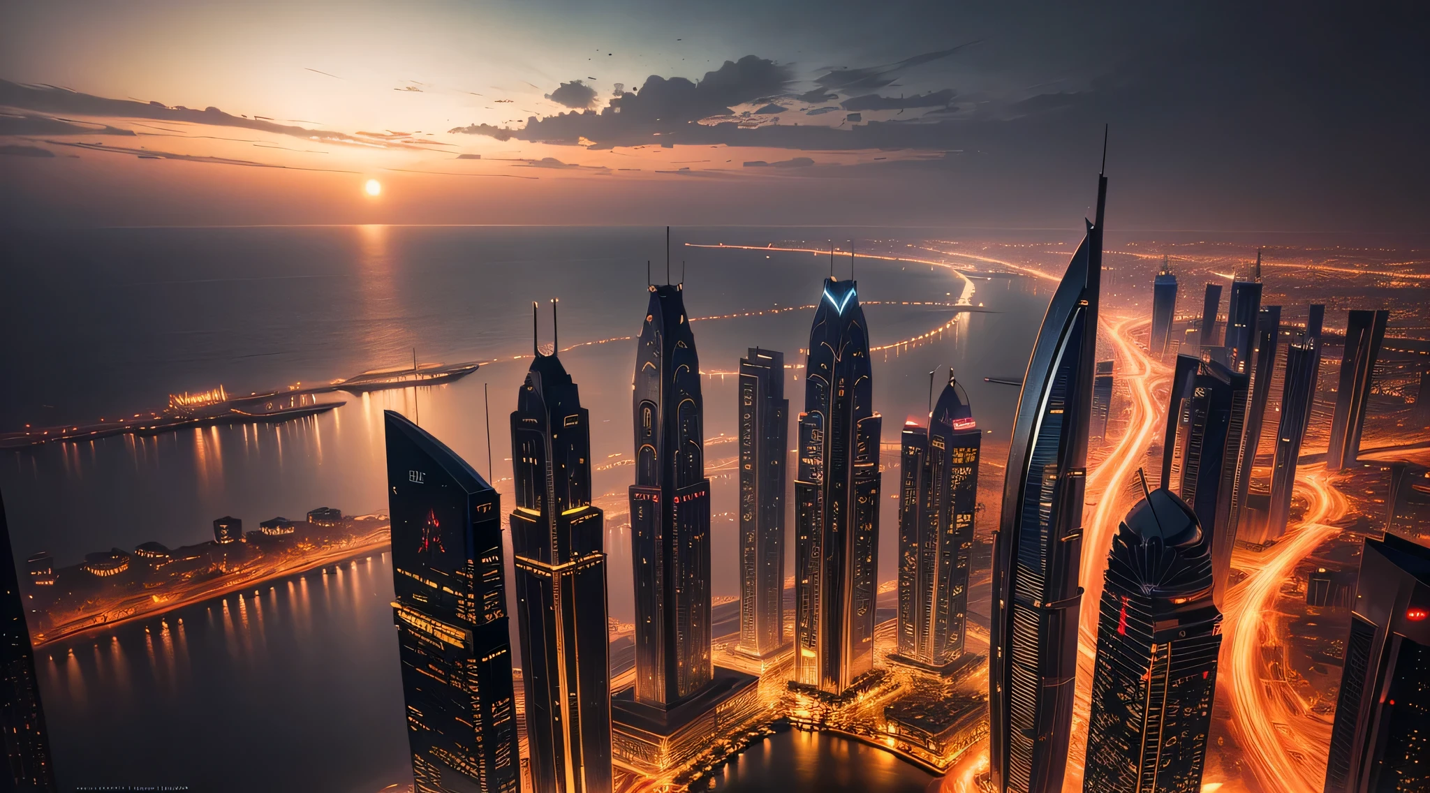 A beautiful photograohy of dubai at night, meaningful scene that is moody in the style of Thomas Kinkade ,HD 4k , seamless texture