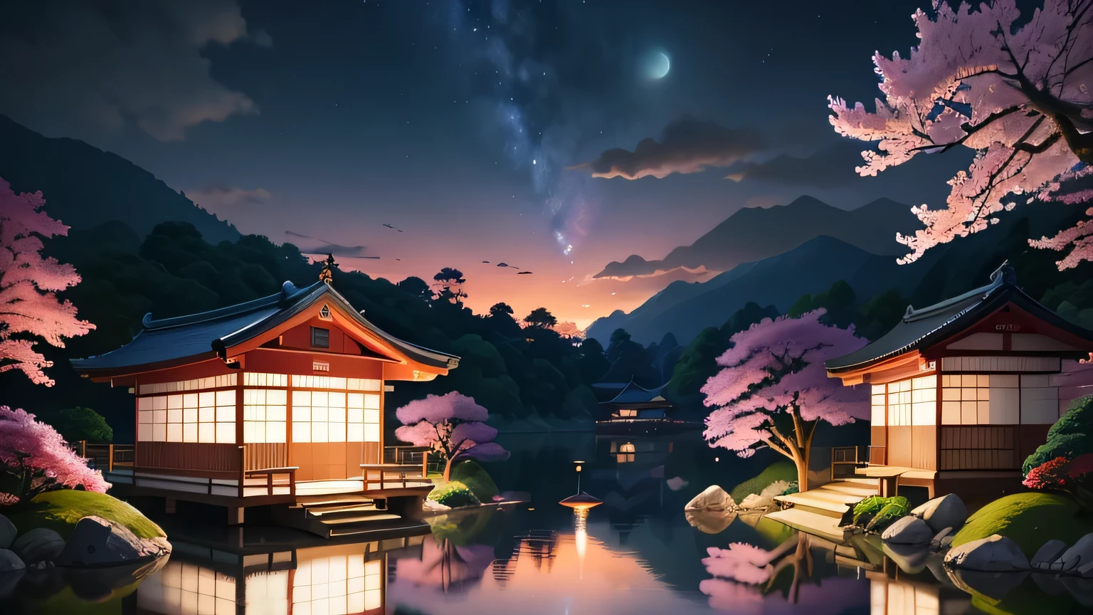 (pintura realista),(melhor qualidade), serene japanese garden, cherry blossoms in full bloom, lagoa de carpas, passarela, pagoda, estilo de arte Ukiyo-e, Hokusai Inspiration, Deviant Art popular, 8k ultra-realista, esquema de cores pastel, soft lighting, Hora dourada, atmosfera tranquila, landscape orientation, noite chuvosa (((chuva)))