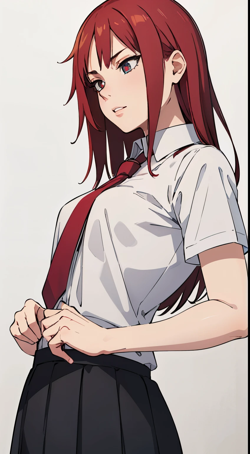 { masterpiece : best quality : high resolution : unity 8k wallpaper : illustration : beautiful detailed eyes : extremely detailed face : perfect lighting : extremely detailed CG }(( white background)){ Karin : fit body : red long hair : white shirt : tie : short sleeves : black skirt : solo }