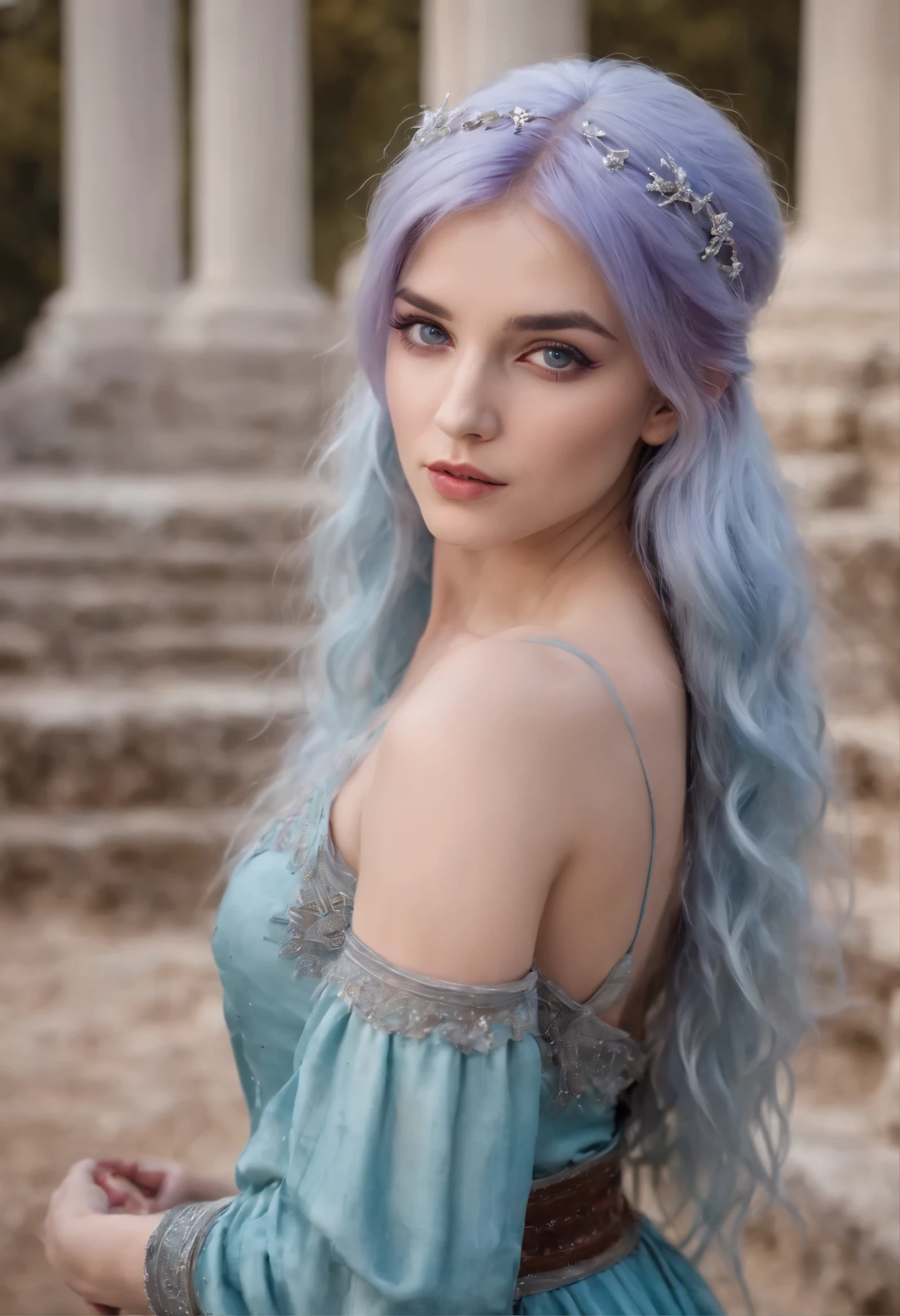 A beautiful young woman (1 girl) about 20 years old. powerful look. Imposing appearance. Long light blue hair, straight hair, ((messy)) hair, ((hair bangs)). (Bangs). hair blowing in the air. Ice Cristals a light emerging for her right hand. ((big purple eyes)). Delicate lips, delicate nose. Delicate face. warrior clothes. Turquoise corselet and purple tide pants. Leather boots. Greek temples ruins background at night, with a starry sky. Multicolor aura around her. 
