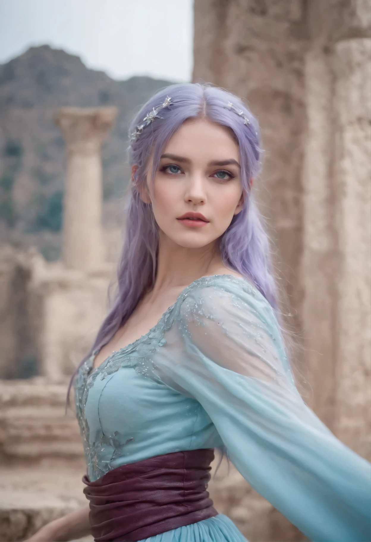 A beautiful young woman (1 girl) about 20 years old. powerful look. Imposing appearance. Long light blue hair, straight hair, ((messy)) hair, ((hair bangs)). (Bangs). hair blowing in the air. Ice Cristals a light emerging for her right hand. ((big purple eyes)). Delicate lips, delicate nose. Delicate face. warrior clothes. Turquoise corselet and purple tide pants. Leather boots. Greek temples ruins background at night, with a starry sky. Multicolor aura around her.