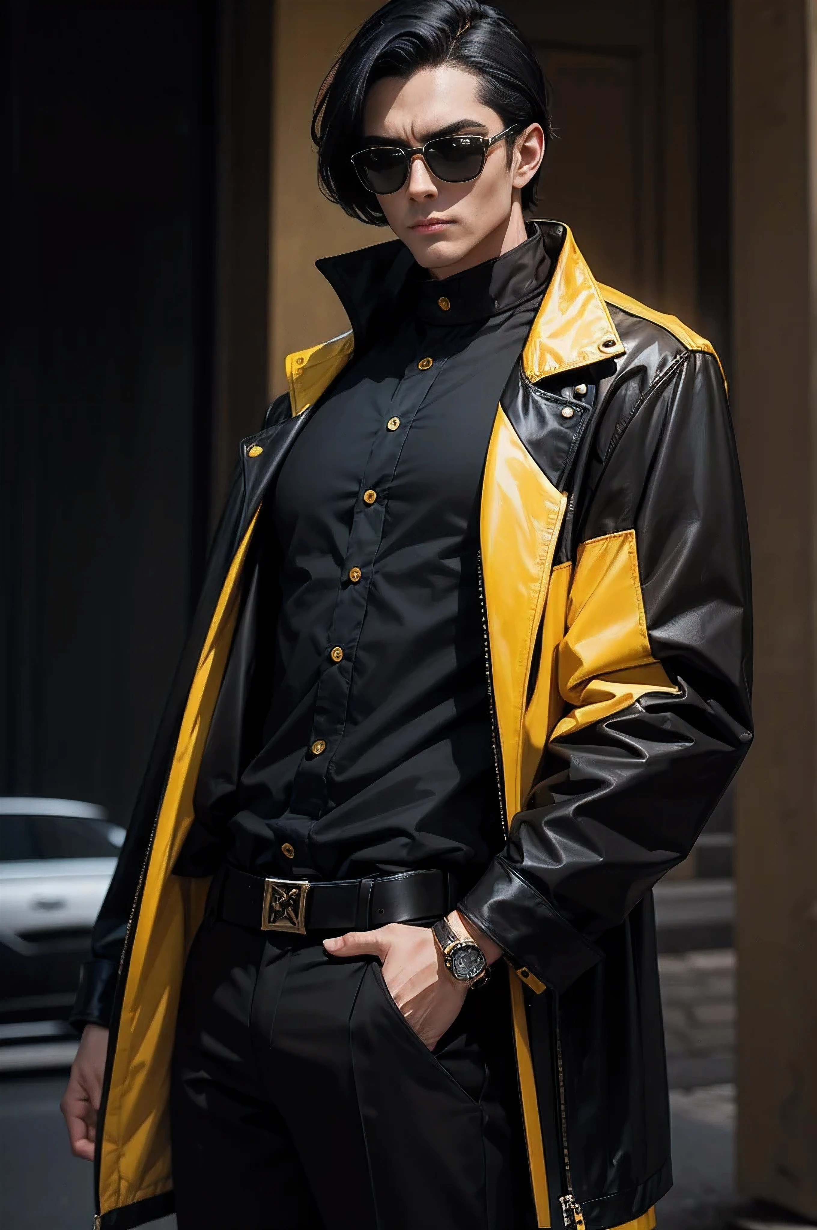 man with dark yellow and black hair , wearing dark yellow and black outfit , with black sun glasses , 8k, in rich people look