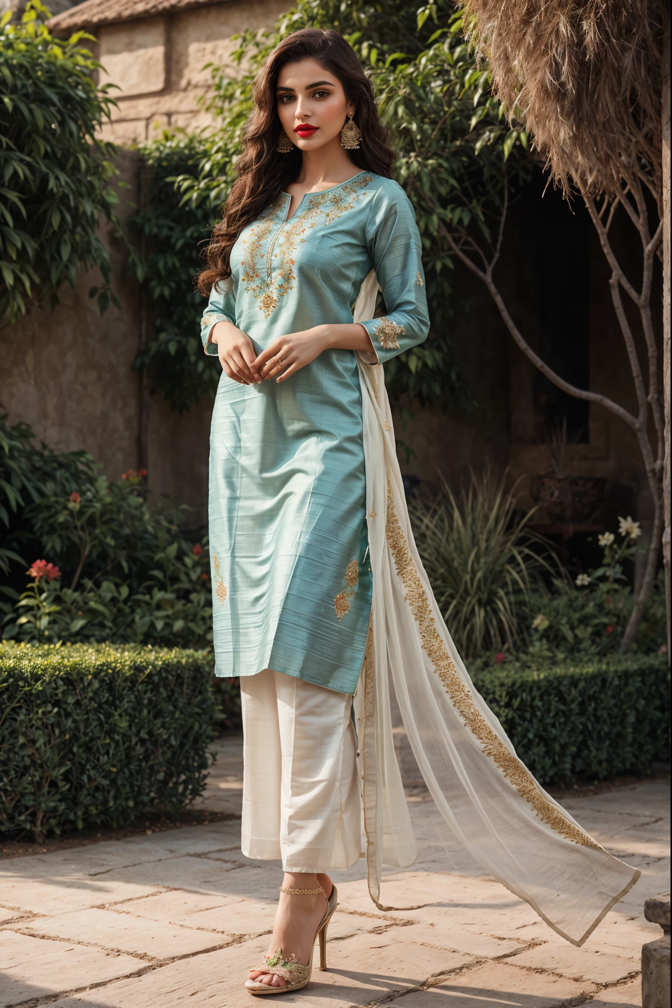 (full body shot:1.5), (Masterpiece:1.1), (beautiful girl in Indian outfits), (standing on garden), 1girl, solo girl, 20 year old woman, ultra realistic face, hyperrealistic, hyperdetailed, (looking at viewers), sharpen, detailed face, detailed eyes, detailed lips, red lips, beautiful face, 16k, FHD, raw photo, pretty face mesh, beautiful hair style, intricate, extremely detailed, (perky breasts, perfect rounded breasts), ultra realistic texture, smooth skin, realistic face, glow lip, glow face, very_high_resolution, natural lighting, natural brightness, perfect figure, fit body, (fancy high heel), hair ornaments, ((Women Embroidered Georgette A-line Kurta With Attached Dupatta)),