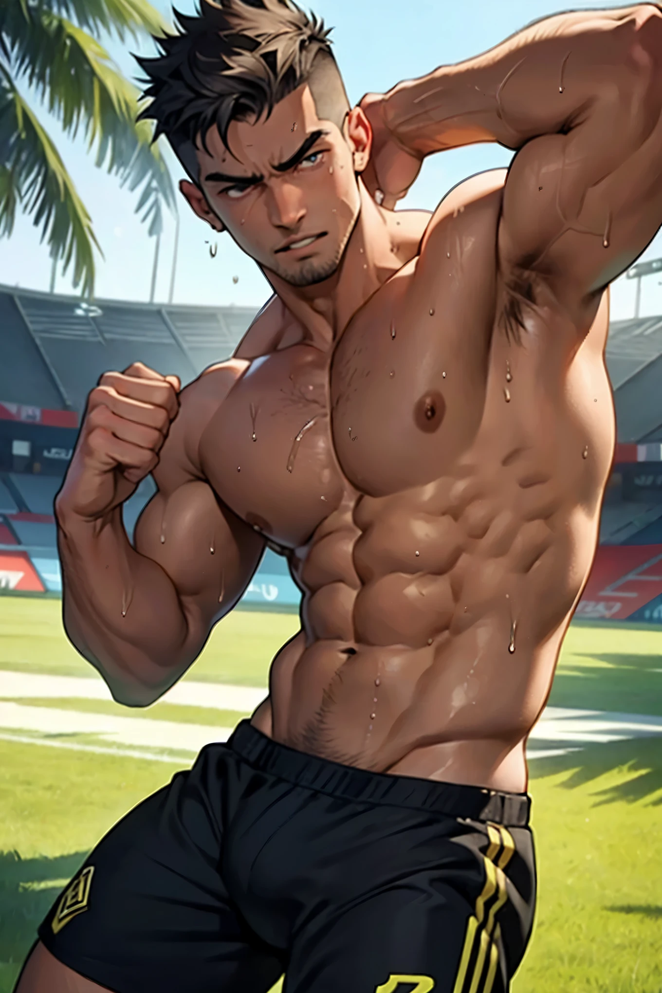 Soccer Player -- S2
(Masterpiece, 4k, 8k, high resolution)
A muscular soccer player poses for the camera, his toned body glistening with sweat. (Male Focus) He wears a fit jersey with the number 2 printed on the back, revealing defined abs and powerful thighs. (Detailed body) His soccer cleats are firmly planted on the grass, and the ball is tucked beneath his arm. (Hyperdetailed face) His intense expression showcases his focus and determination. (Ultra-detailed eyes) Sweat drips from his thick eyebrows, and his piercing gaze is unwavering. (Open clothes