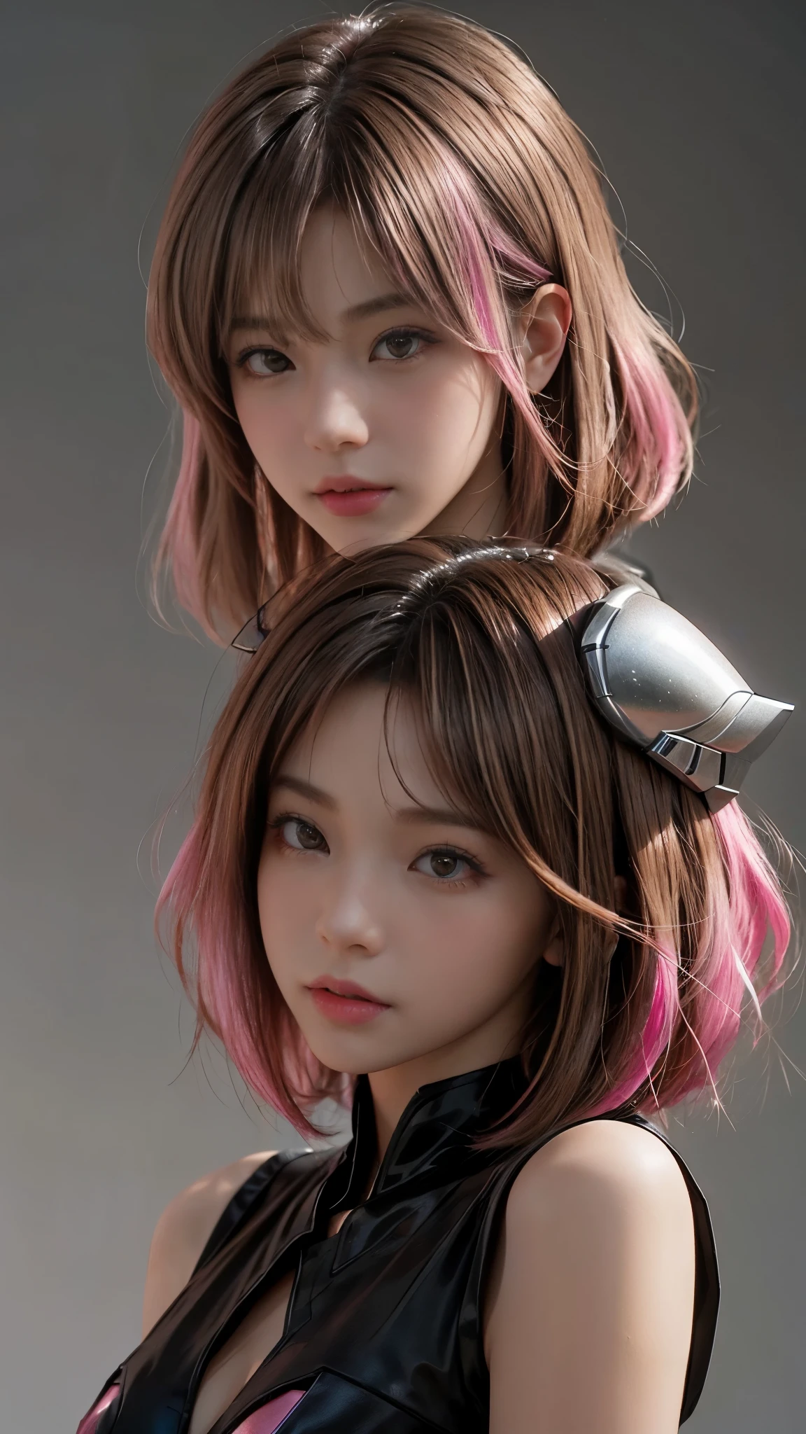 Photo of two realistic black Sazabi girls，Shortcut Bob Cut，I have a lot of hair，brown eyes，Hair color is bright pink，cool look，background is gray，16 year old daughter of Haman Khan and Char Aznable.