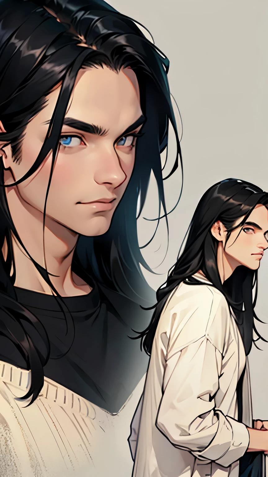 a Man with long black hair and beautiful eyes wearing casual outfits, multiple views, detailed face