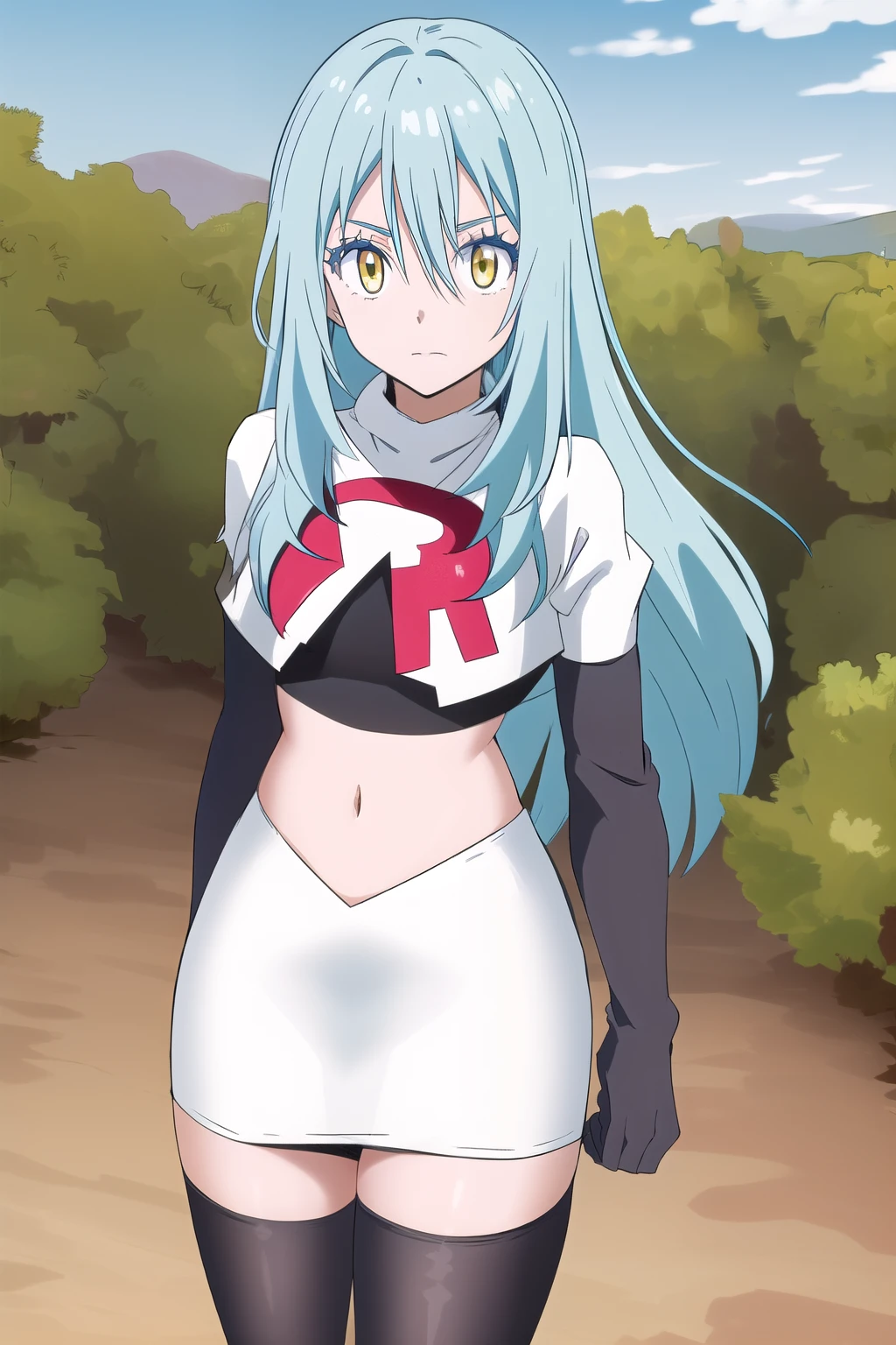 tensura, yellow eyes, blue hair, long hair, 1other, hair between eyes, looking at viewer, bangs, solo, androgynous, outdoors, colored eyelashes, shiny hair, ((masterpiece)) , team rocket,team rocket uniform,white skirt,red letter R,crop top,black thigh-highs,black elbow gloves