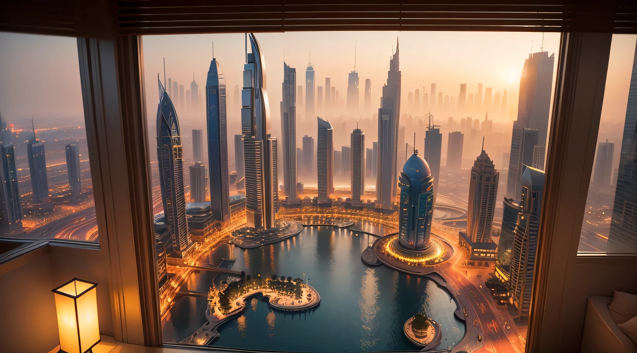 A beautiful photograohy of dubai during summer morning, meaningful scene that is moody in the style of Thomas Kinkade ,HD 4k , seamless texture , view from hotel room window
