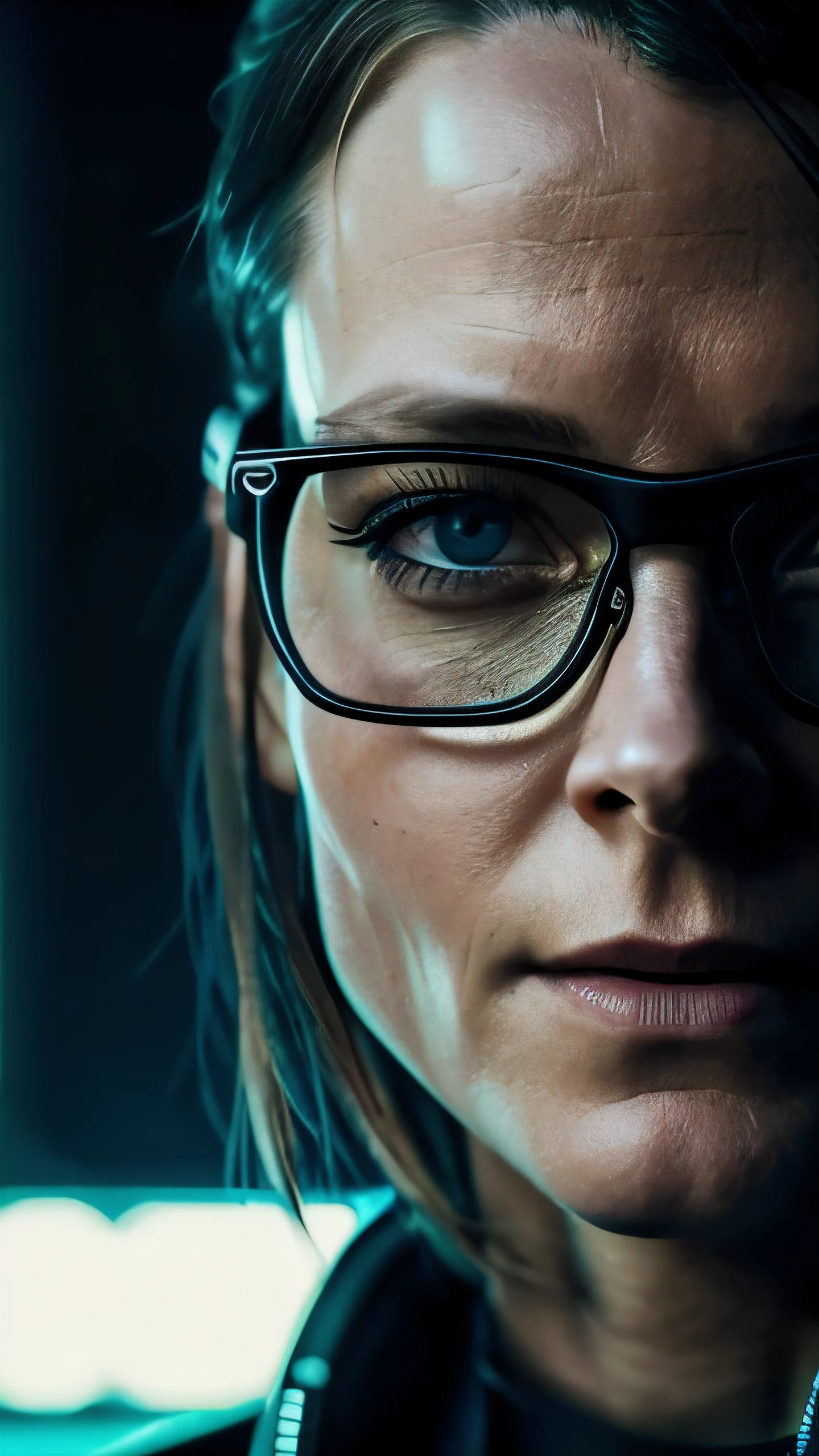 (cyberpunk military scientist:1) (1woman) dark theme :: focus on medium closeup face, curious face, young Jodie Foster face, ultra realistic futuristic cyberpunk tall athletic woman, :: futuristic glasses nerd :: inside cyberpunk office :: brown eyes :: natural lighting :: bokeh :: 8k :: best quality :: masterpiece :: insanely detailed:1.5
