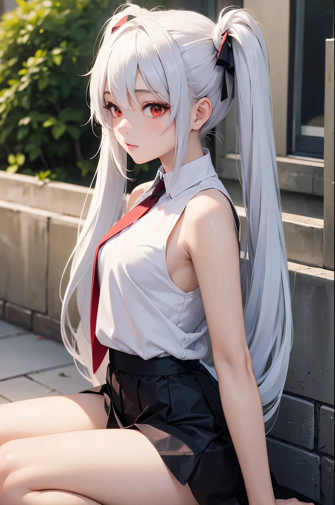 Masterpiece, best quality, 1 girl, anime character style, red eyes, long white hair, hairstyles twintails, white sleeveless shirt and black skirt,