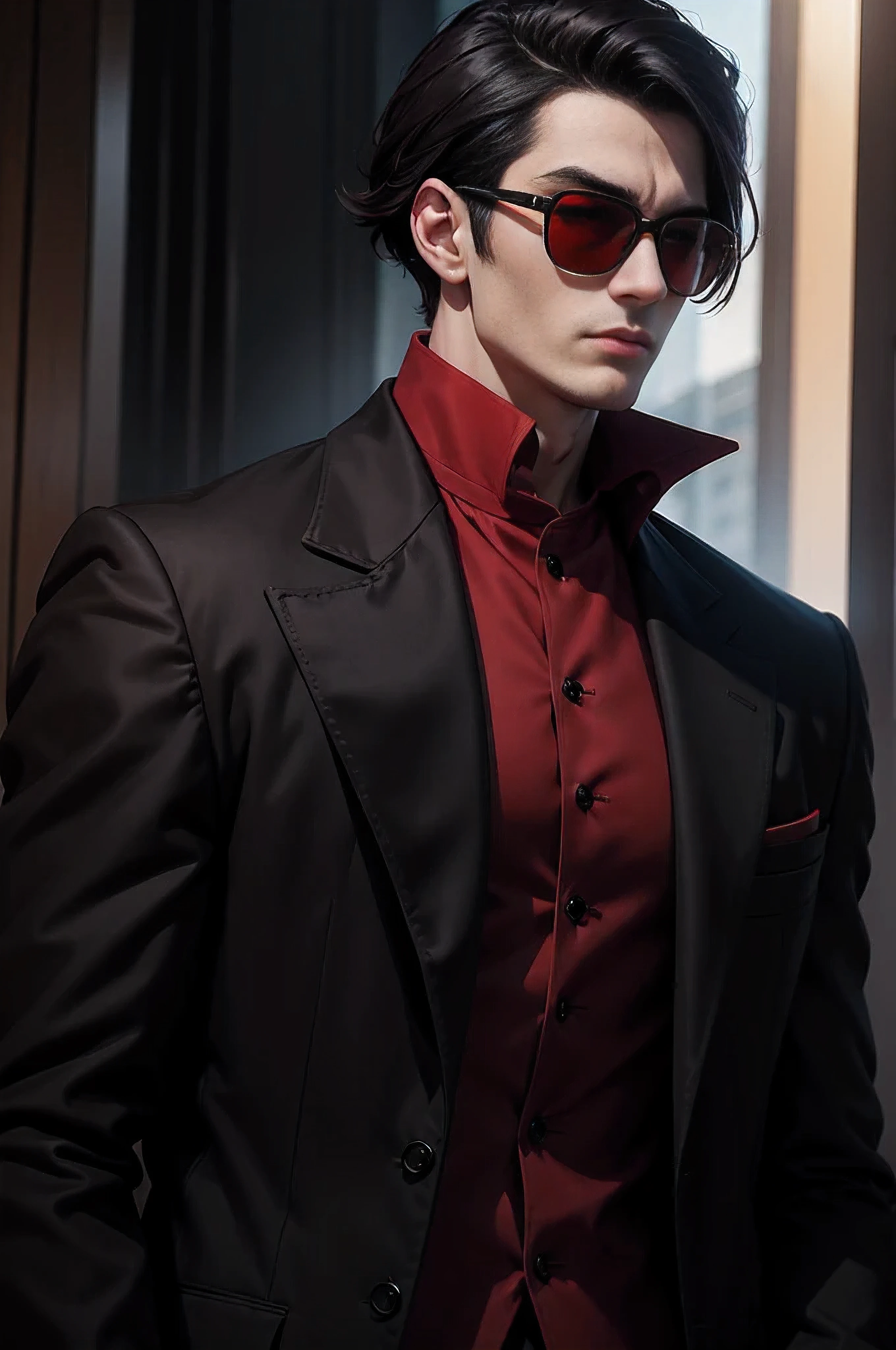 man with dark red and black hair , wearing dark red and black outfit , with black sun glasses , 8k, in rich people look