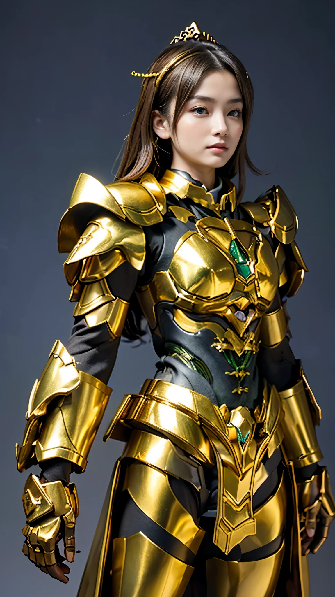 masterpiece,highest quality,ultra high resolution),japanese woman, very beautiful girl, Naïve girl、perfect limbs、perfect anatomy、radiant beautiful skin、Moist eyes、brown shiny hair、Colors and landscapes of youth、Premonition of Love Green and Gold Uniform、 metallic Green armor, high quality costumes, brass armor coat, masterpiece衣装, Green armor, Avan Uniform, gilded black uniform, gold armor suit, quality commander, combat uniform, Embroidered uniform guard, gold obsidian armor, smooth gold armor