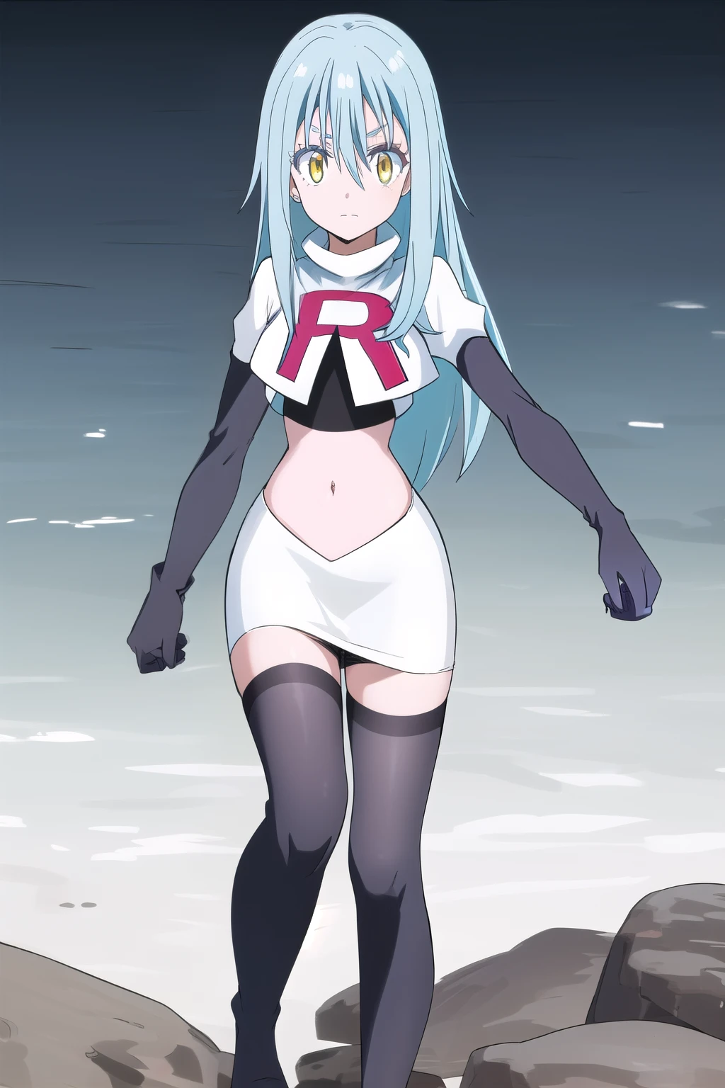 tensura, yellow eyes, blue hair, long hair, 1other, hair between eyes, looking at viewer, bangs, solo, androgynous, outdoors, colored eyelashes, shiny hair, ((masterpiece)) , team rocket,team rocket uniform,white skirt,red letter R,crop top,black thigh-highs,black elbow gloves