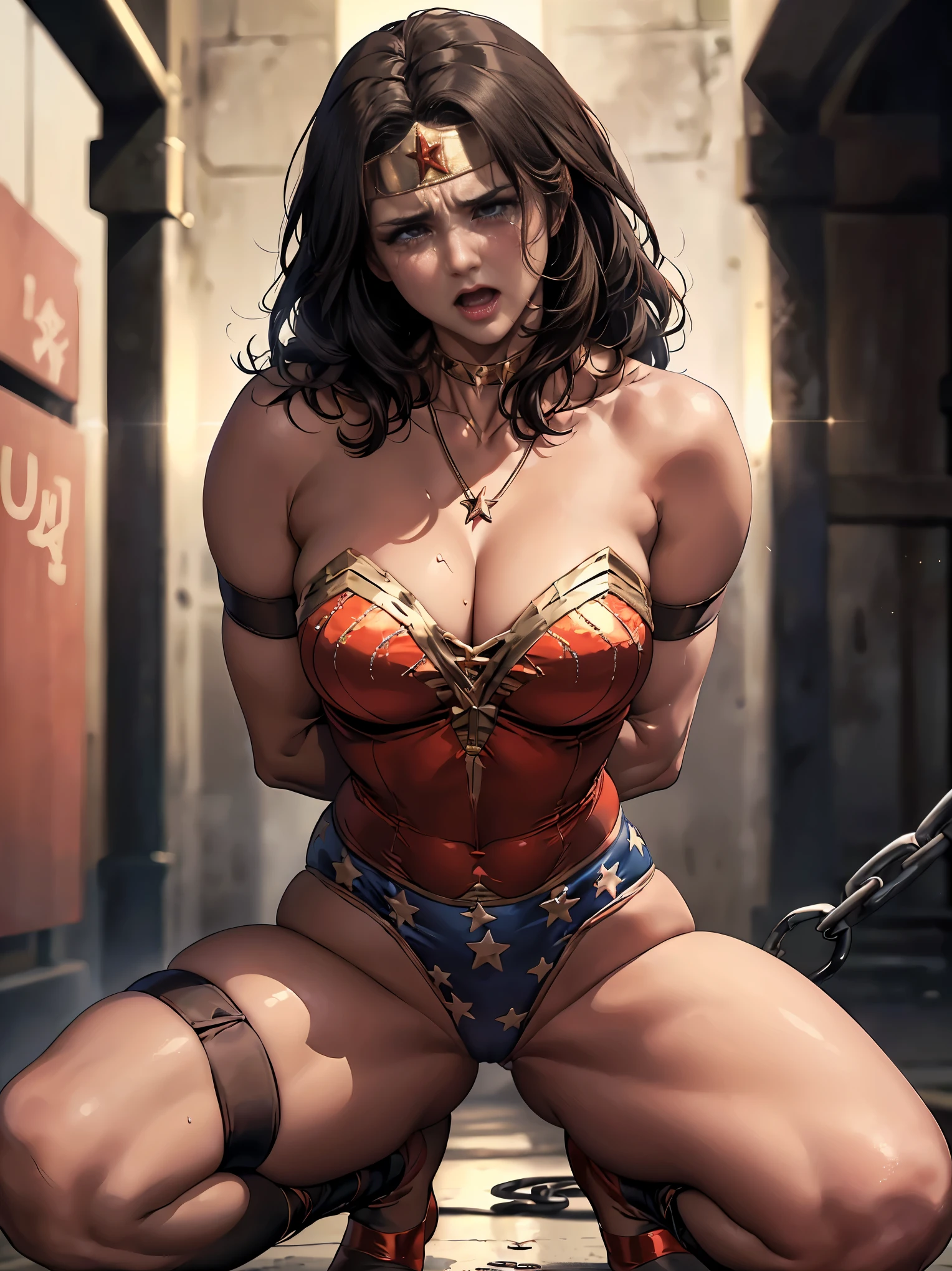 ((Wonderwoman, in outer space)) ,((SUPERHEROINE mulher maravilha IS A FILTHY OLD WHORE)), ((emotional expression,expression of pain and despair, gritando de dor, expression of suffering, olhos arregalados)),(Wonder Woman is squatting, pernas abertas), (((She's crying a lot, ela tem cabelo preto, ela tem cabelo longo))), ((She wears a thick metal necklace around her neck.)), (She is wearing FETISH Ballet Shoes Ankle Strap), (obra-prima, melhor qualidade) 1.5, 1 garota, sozinho, (sexy, mulher bonita, rosto perfeito, olhos perfeitos), corpo inteiro. ((She is wearing starry lace panties)), tears running down your face)), ((WonderWoman in Strappado bondage ,arms tied behind the back, then by use of some method of attachment such as a rope or chain that runs from their wrists to a securing point above, their arms are lifted behind them until the person is forced to bend forward)), ((emotional expression,expression of pain and despair, gritando de dor, expression of suffering, olhos arregalados, expression of fear, corpo se contorcendo de dor)), (((cabelo preto))) 