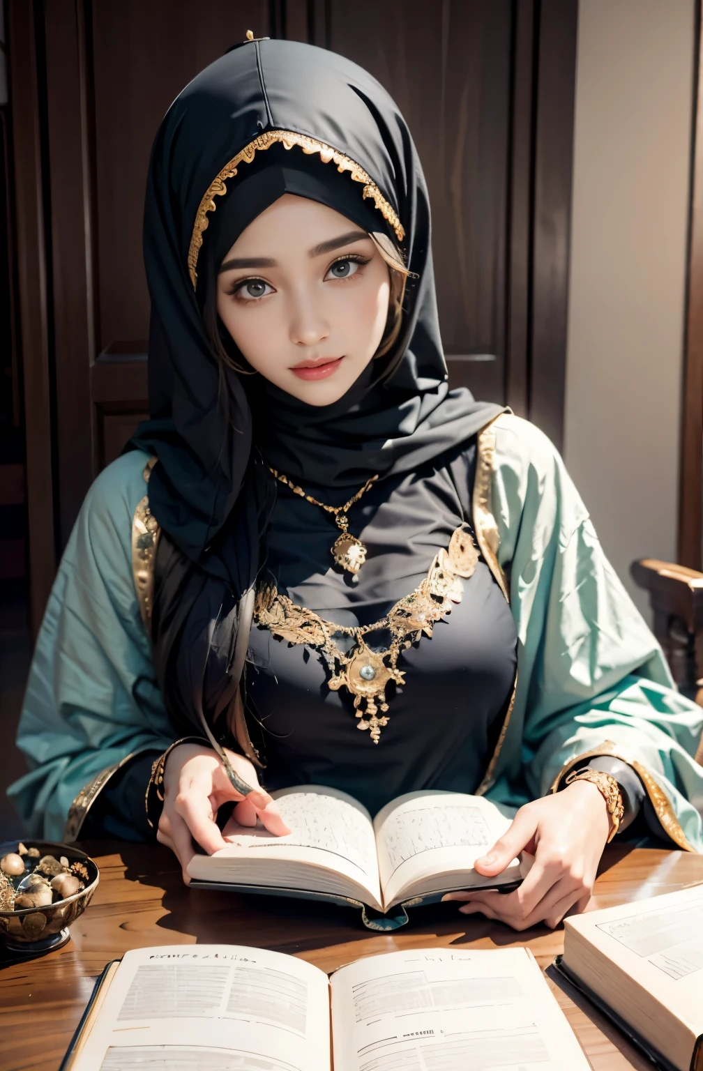 Islamic caftan dress outfit princess hyper realistic super detailed Dynamic, beautiful face, masterstroke, with hijab, siting on the room reading a holy book